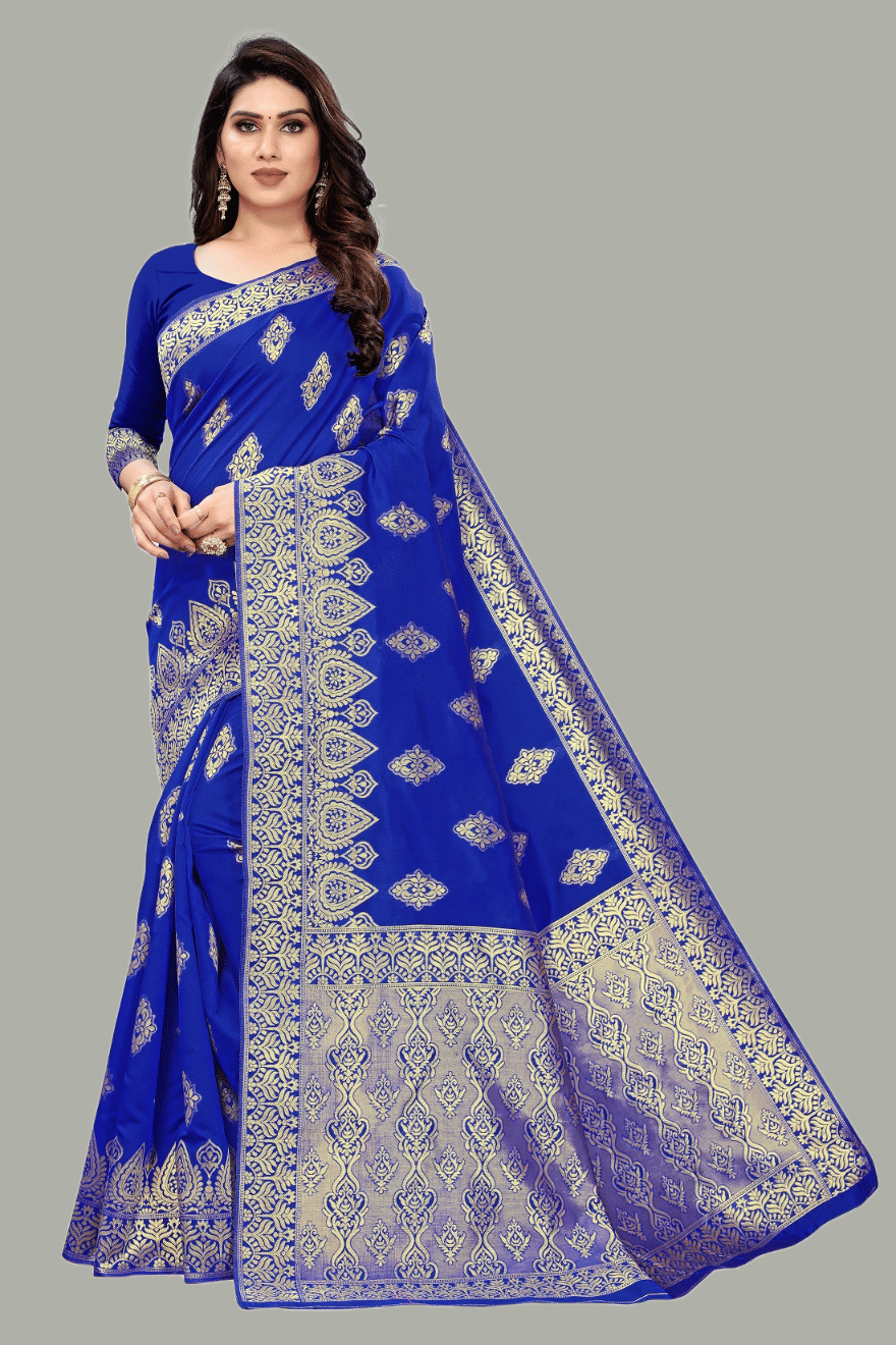 GARIYA Banarasi Silk Embellished Saree With Unstitched Blouse Piece ( Blue ) - Sarees | Buy online on ZillyBuy