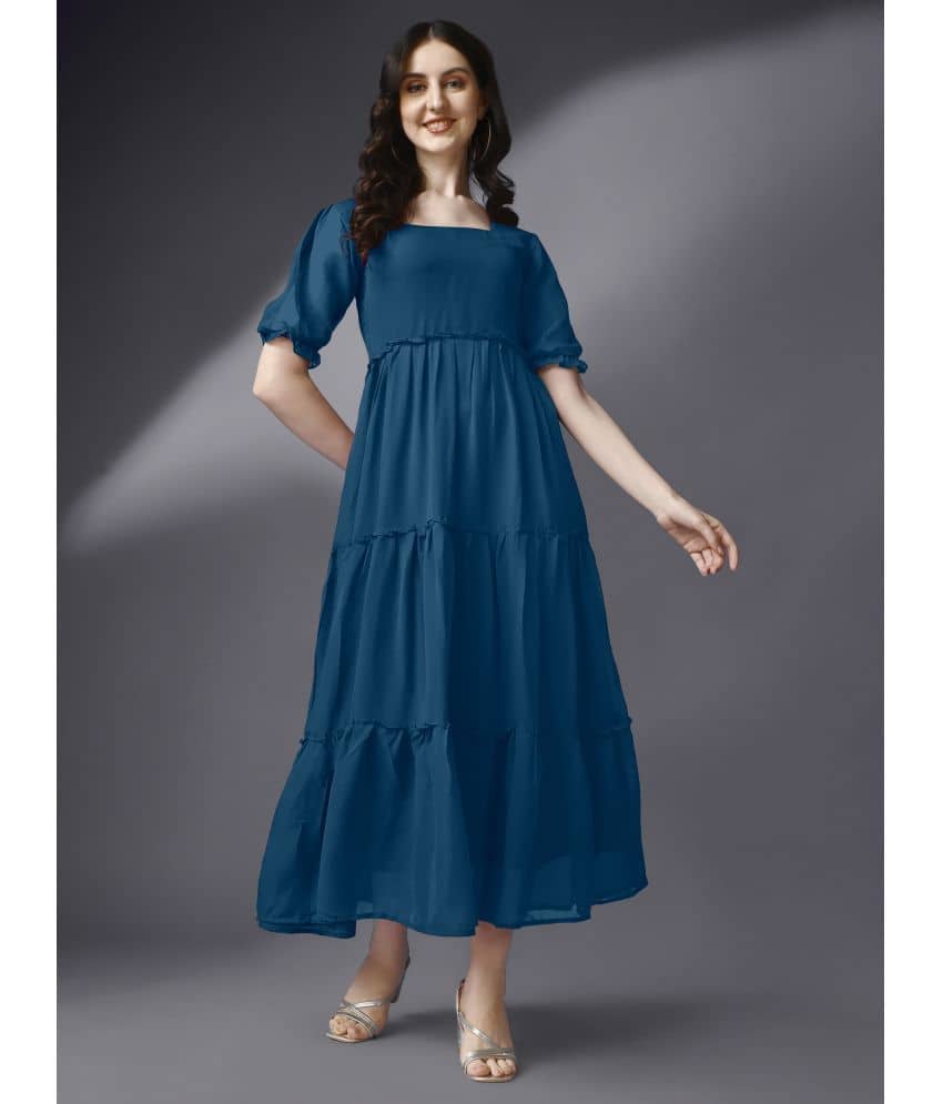JASH CREATION Women Georgette Solid Fit & Flare Dress ( Blue )