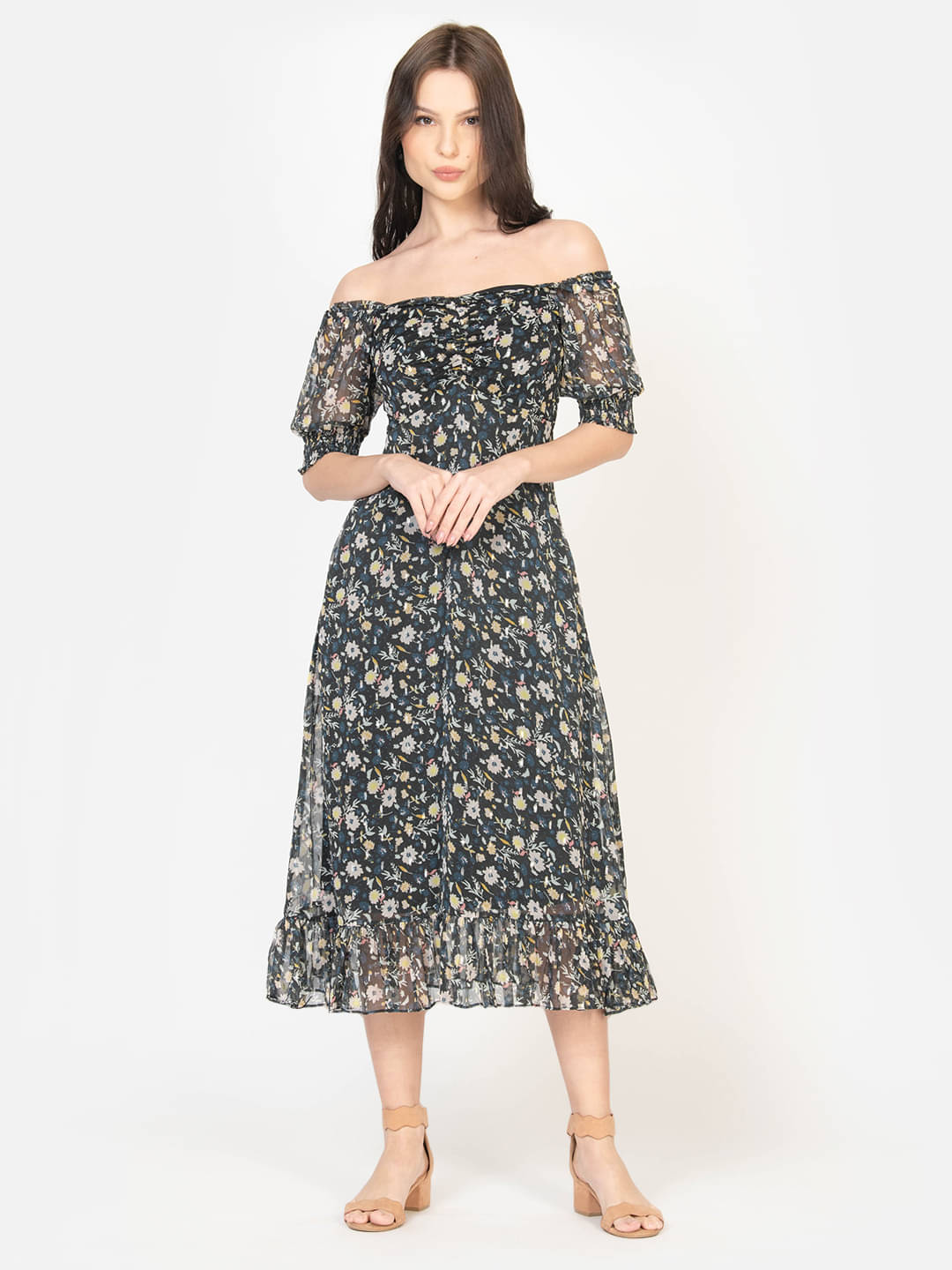 June 9 Clothing Women Chiffon Printed Fit & Flare Dress ( Black ) June 9 Clothing Women Chiffon Printed Fit & Flare Dress ( Black )