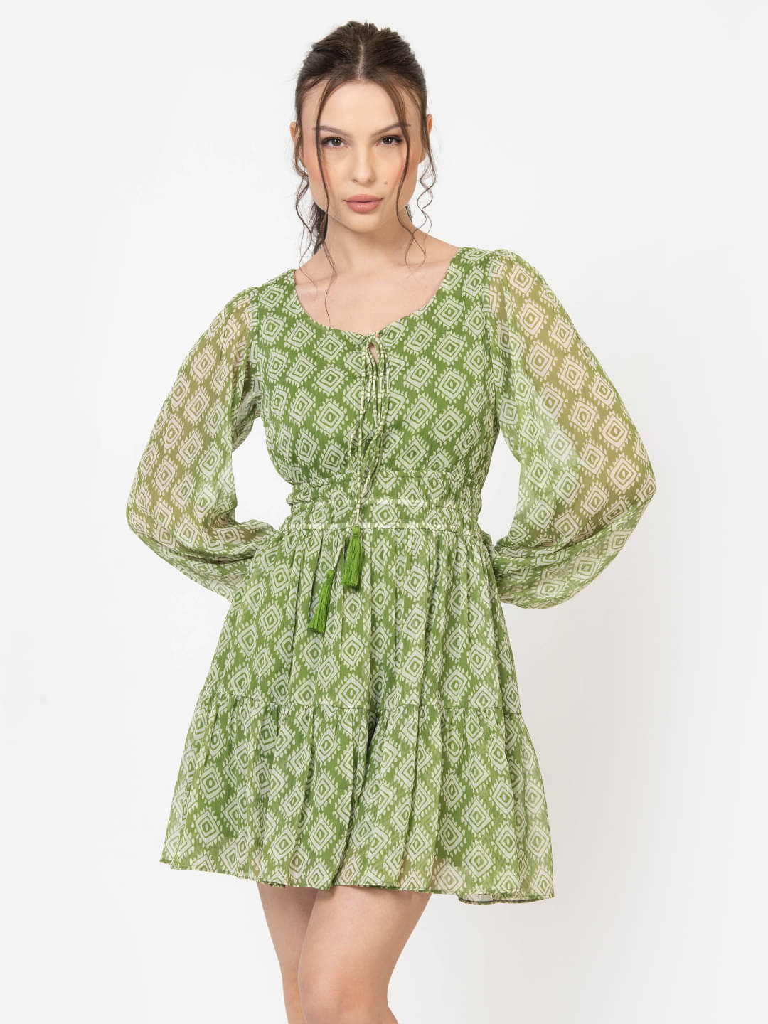     			June 9 Clothing Women Chiffon Printed Fit & Flare Dress ( Green )