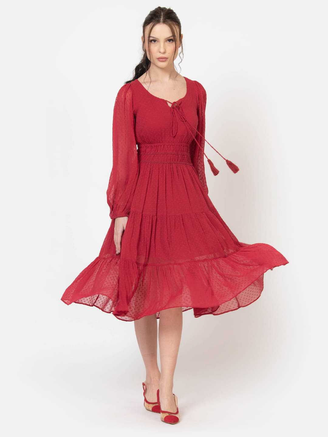     			June 9 Clothing Women Chiffon Self Design Fit & Flare Dress ( Red )