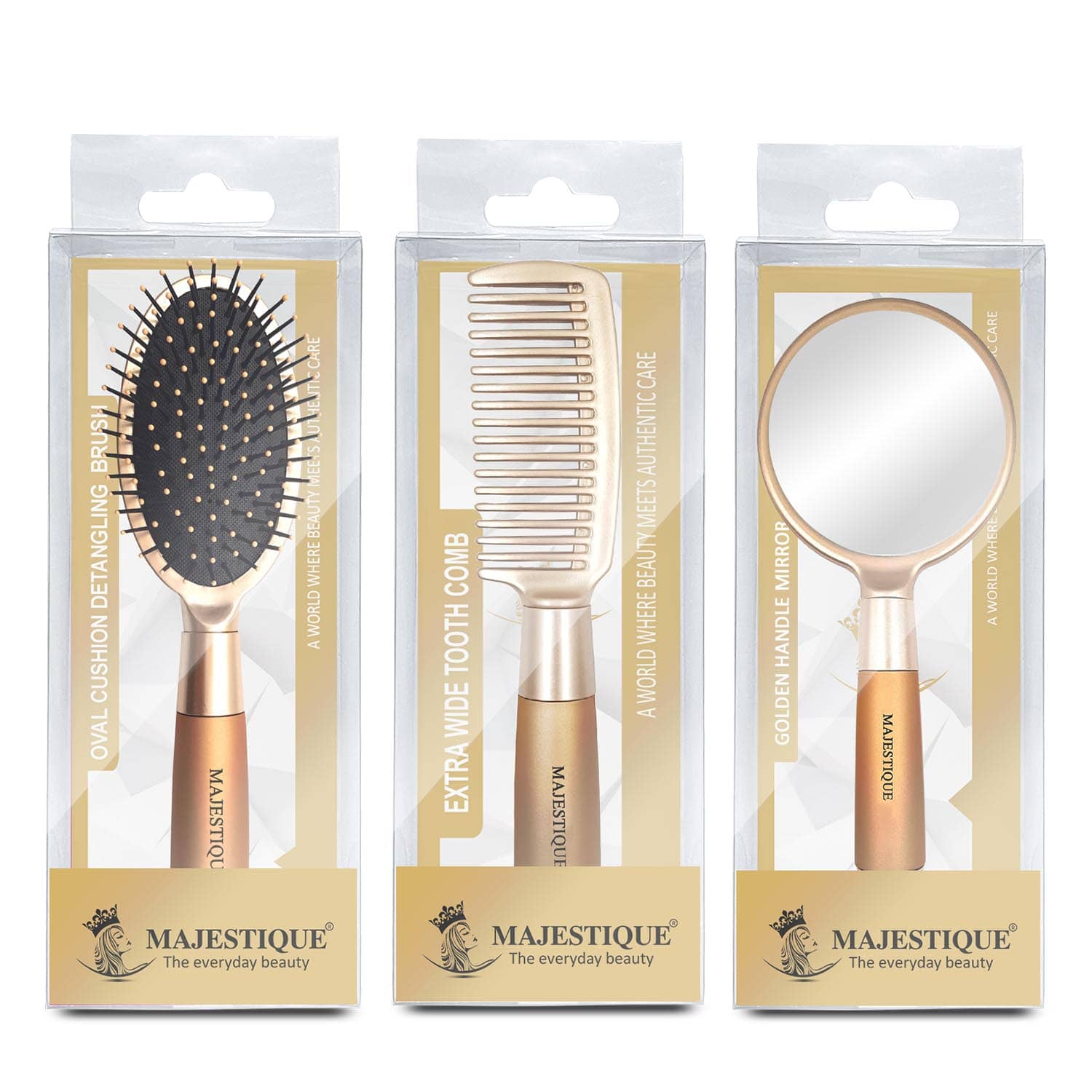 Majestique Detangling Hair brush Roller Hair Brush and Handle Mirror for Makeup Women and Men - 3Pcs