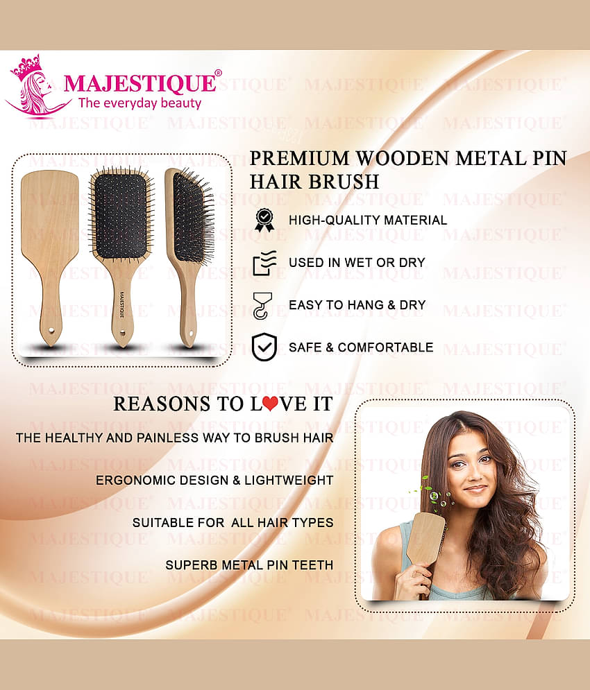 Majestique Premium Wooden Metal Pin Brush, Eco Friendly Wooden Hair Brush with Metal Pin Bristles