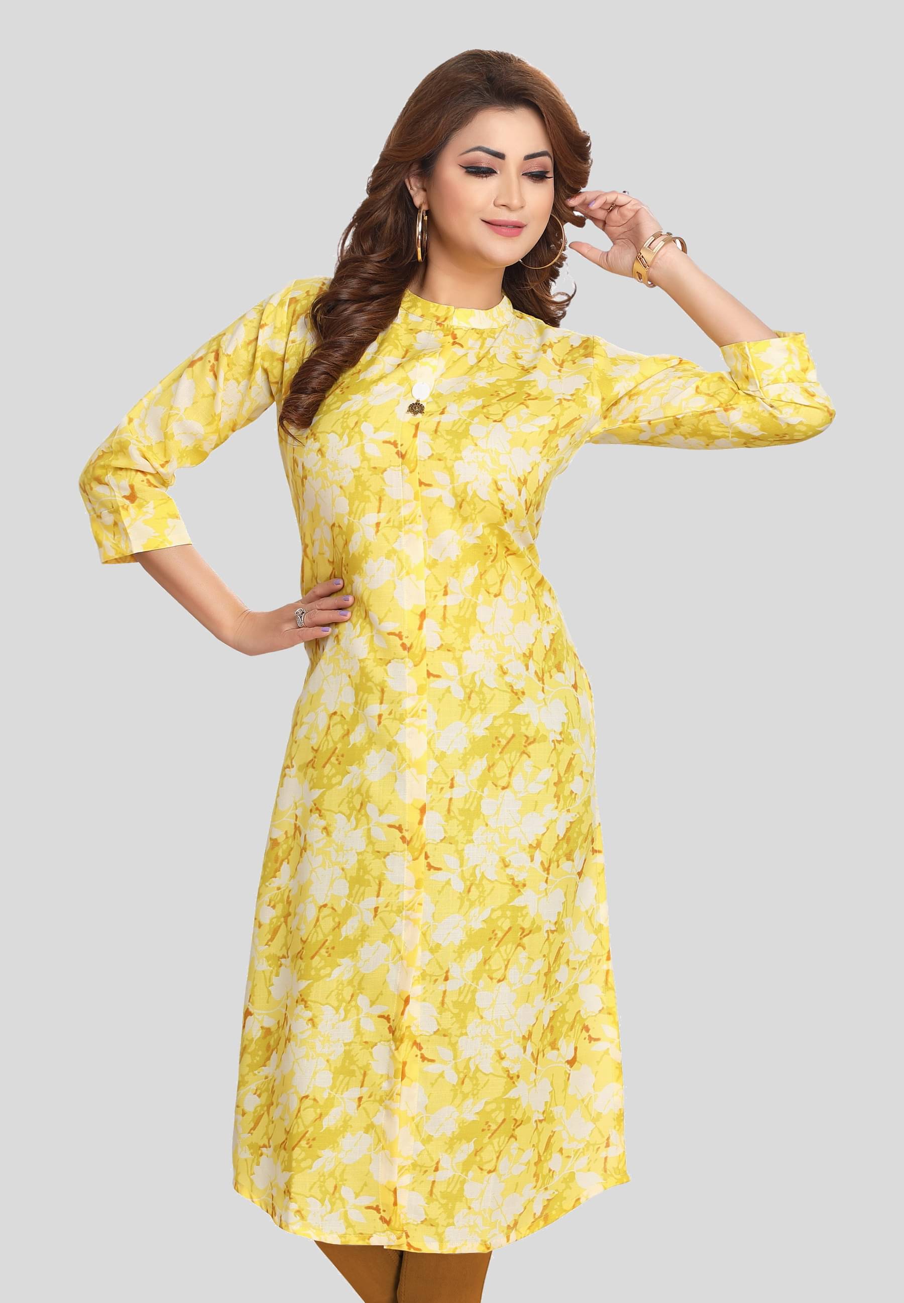 Meher Impex Cotton Printed Straight Women's Kurti - Yellow ( Pack of 1 )     			Meher Impex Cotton Printed Straight Women's Kurti - Yellow ( Pack of 1 )