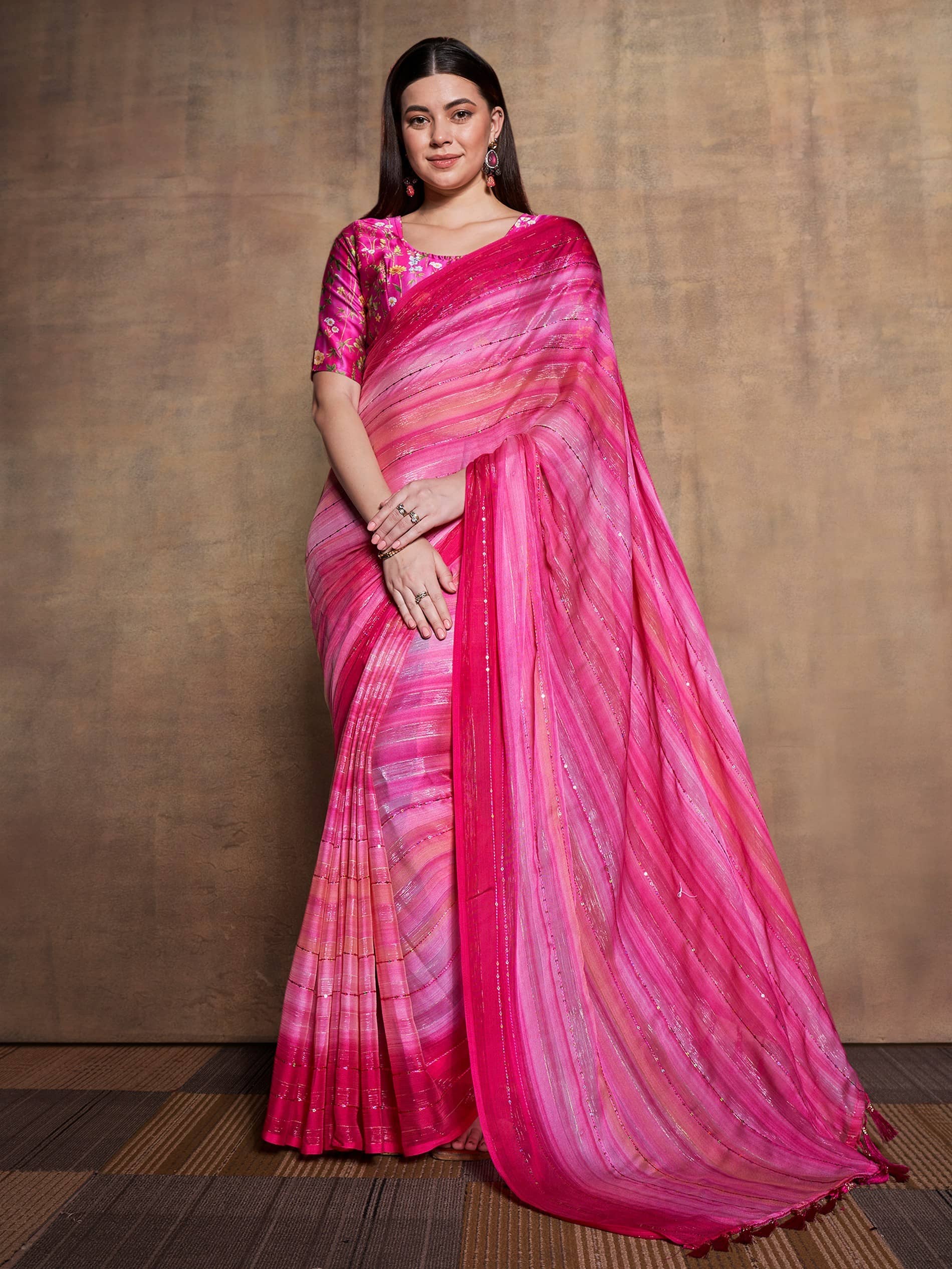 Rekha Maniyar Chiffon Printed Saree With Unstitched Blouse Piece ( Red ) - Sarees | Buy online on ZillyBuy