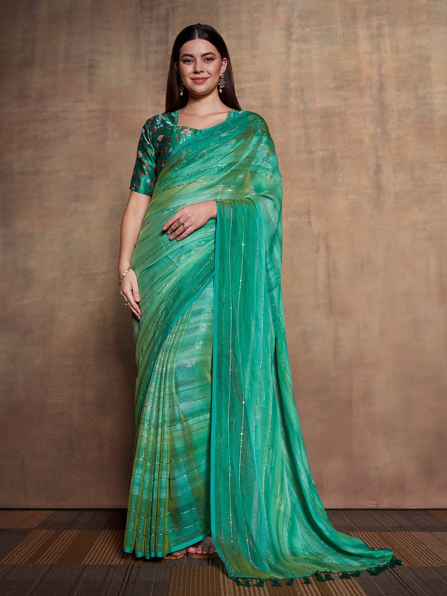     			Rekha Maniyar Chiffon Printed Saree With Unstitched Blouse Piece ( Green )