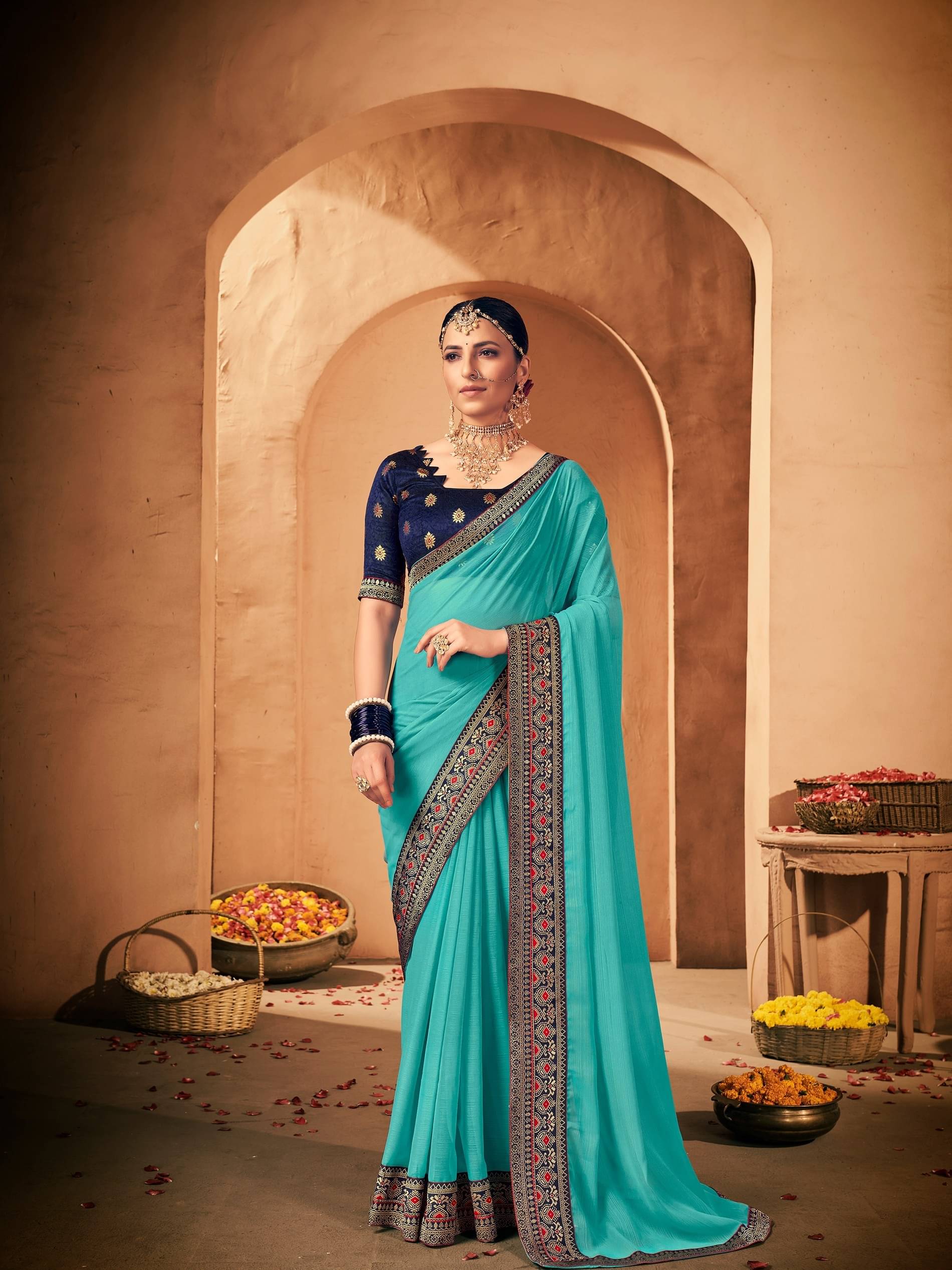     			Rekha Maniyar Georgette Solid Saree With Unstitched Blouse Piece ( SkyBlue )