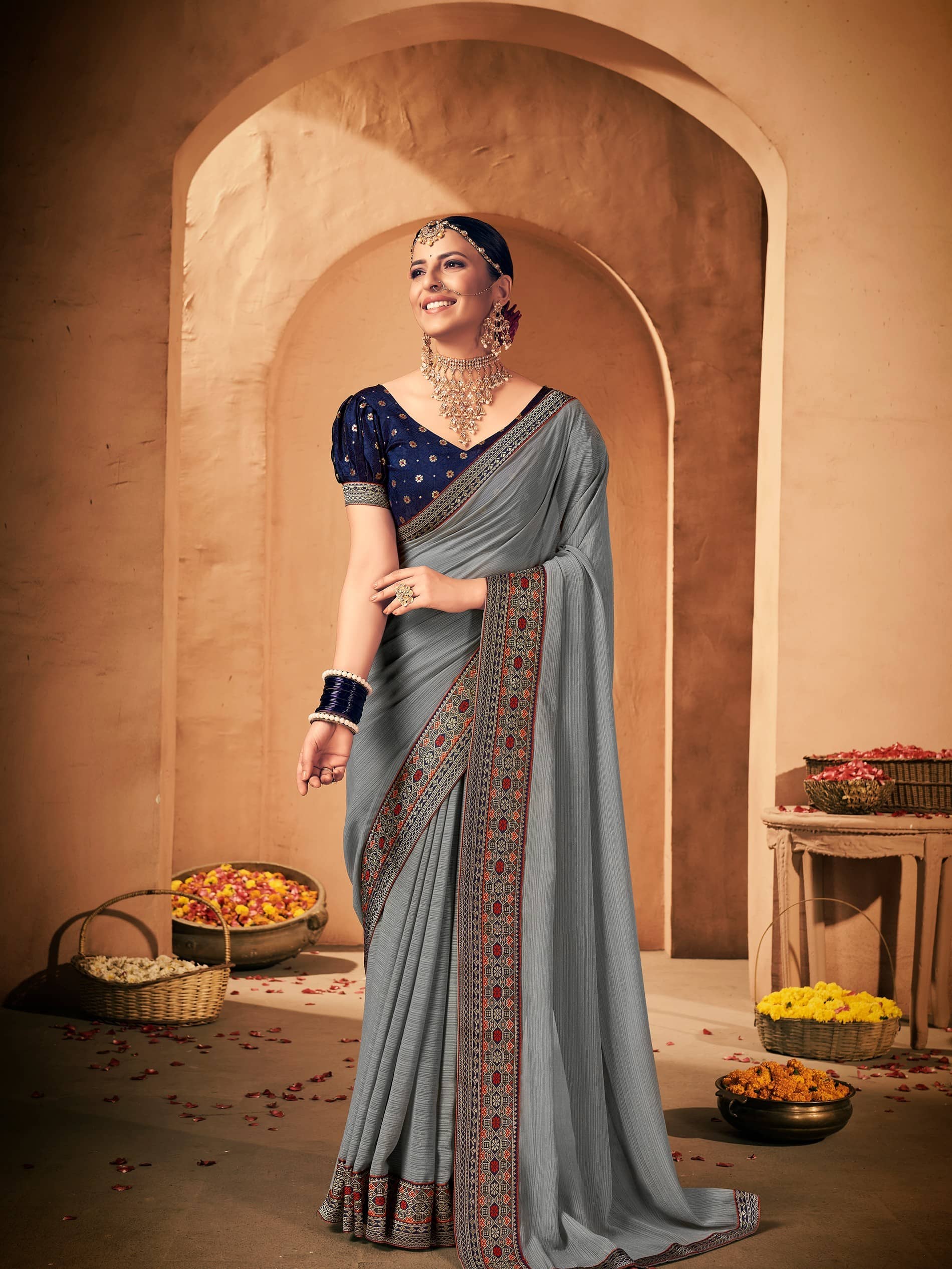 Rekha Maniyar Georgette Solid Saree With Unstitched Blouse Piece ( Grey ) - Sarees | Buy online on ZillyBuy