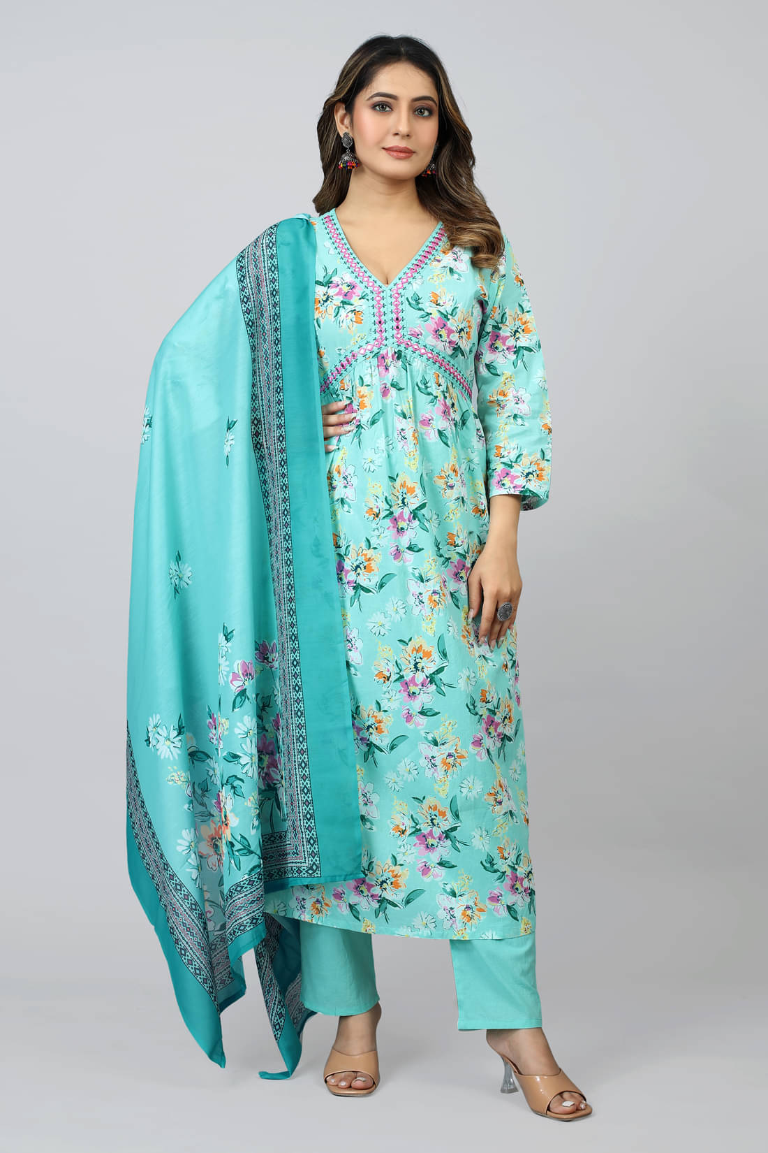 SARRAS Cotton Printed Kurti With Pants Women's Stitched Salwar Suit - Blue ( Pack of 1 )     			SARRAS Cotton Printed Kurti With Pants Women's Stitched Salwar Suit - Blue ( Pack of 1 )