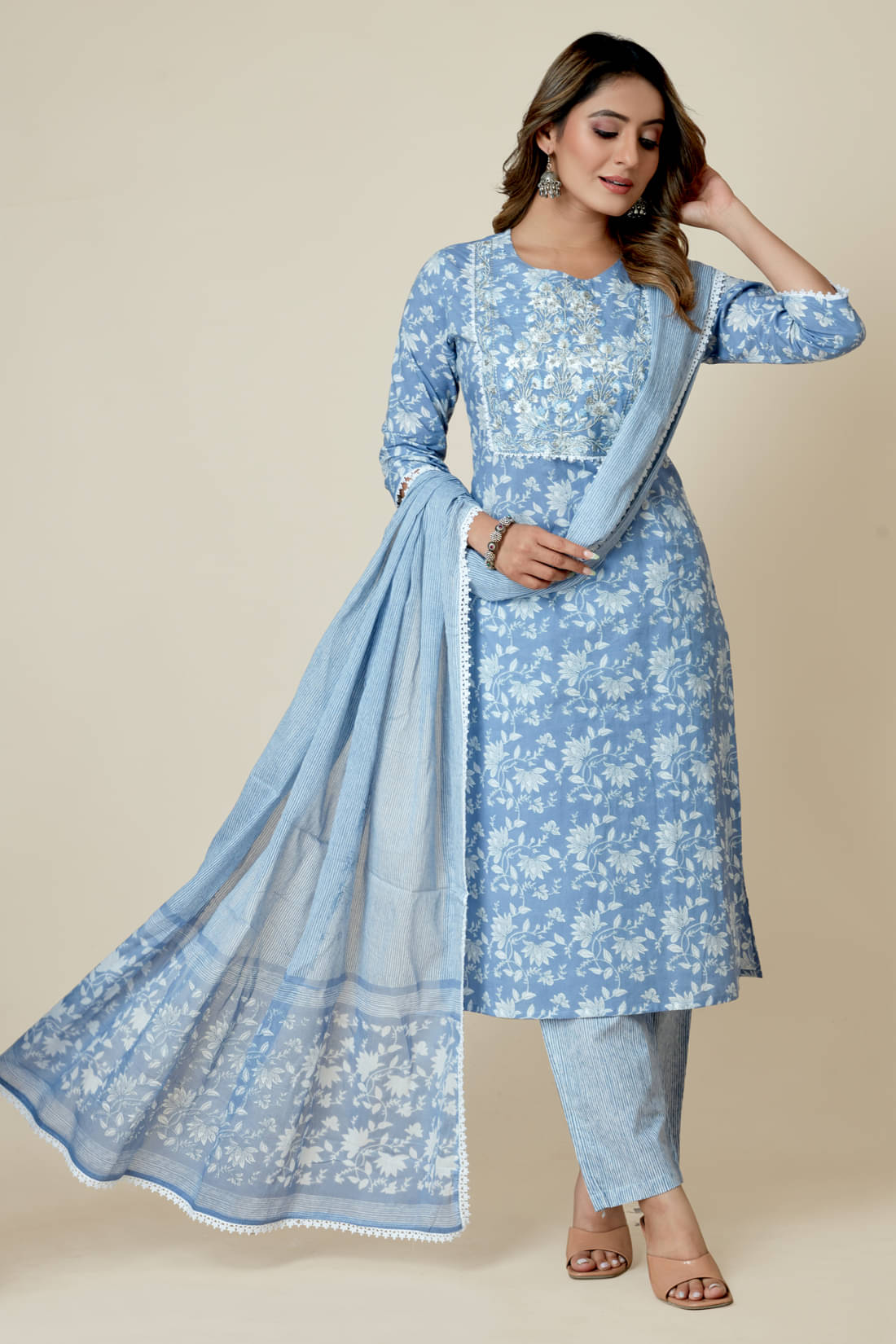 SARRAS Cotton Printed Kurti With Pants Women's Stitched Salwar Suit - Blue ( Pack of 1 )     			SARRAS Cotton Printed Kurti With Pants Women's Stitched Salwar Suit - Blue ( Pack of 1 )