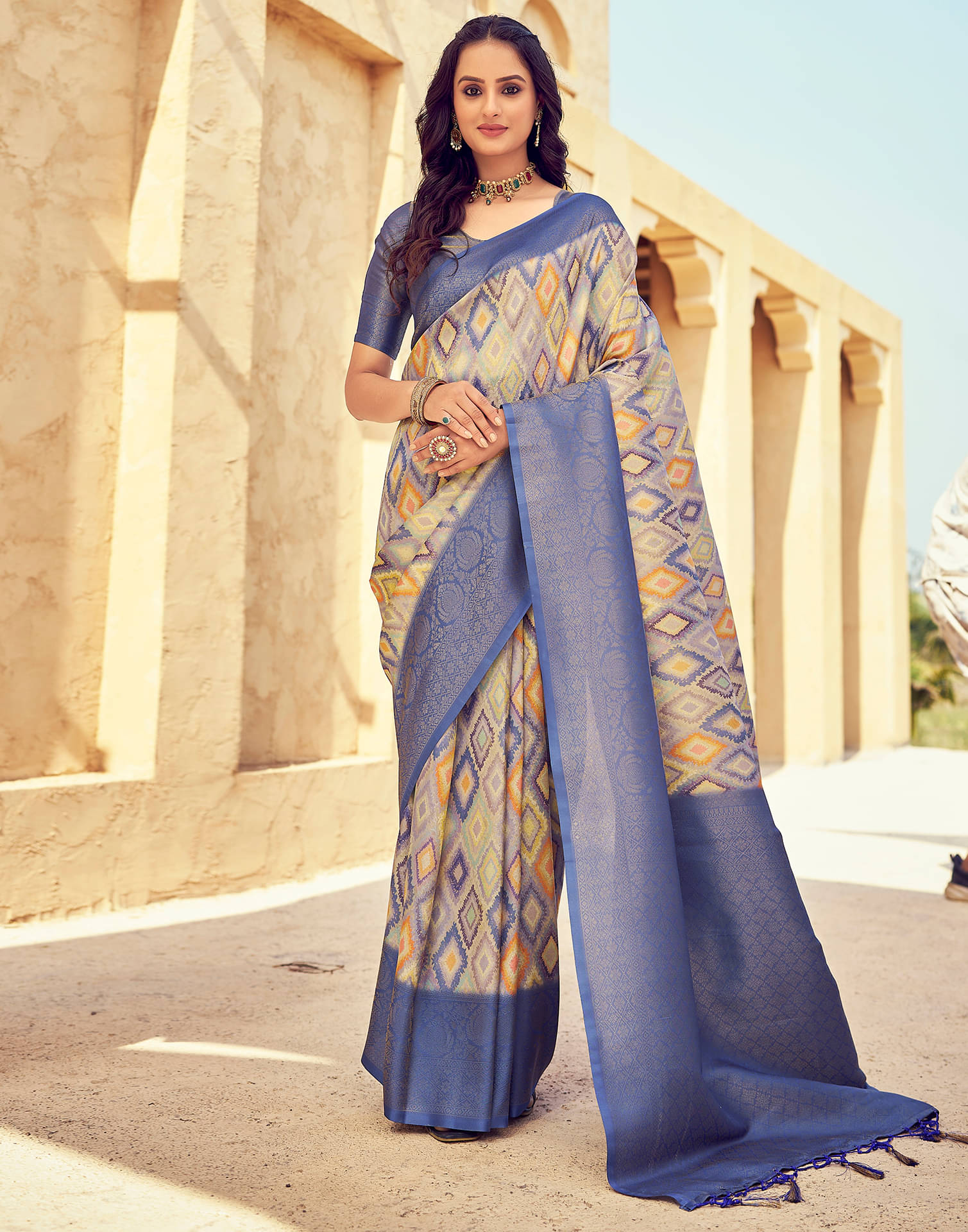 Samah Art Silk Printed Ready to Wear Saree With Unstitched Blouse Piece ( Blue ) Samah Art Silk Printed Ready to Wear Saree With Unstitched Blouse Piece ( Blue )
