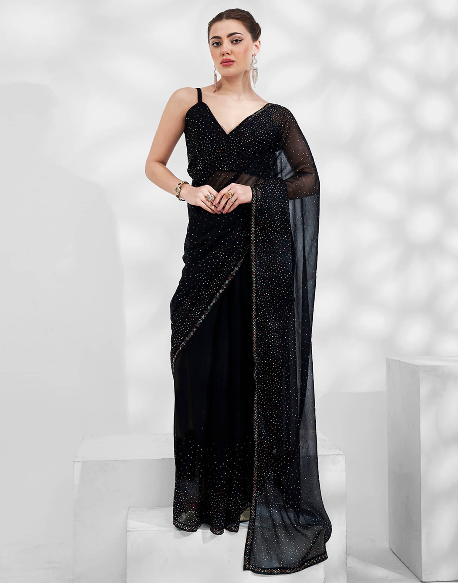     			Samah Chiffon Embellished Saree With Unstitched Blouse Piece ( Dark Grey )