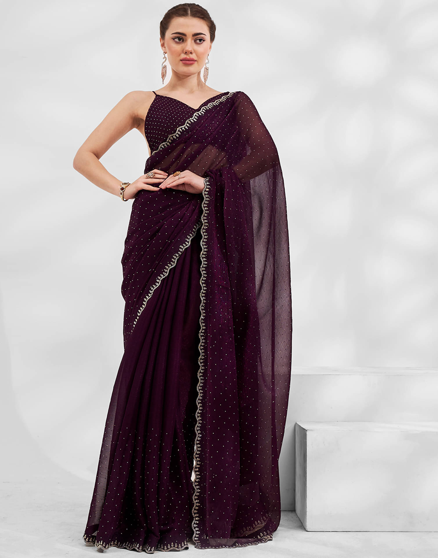 Samah Chiffon Embellished Saree With Unstitched Blouse Piece ( Wine ) Samah Chiffon Embellished Saree With Unstitched Blouse Piece ( Wine )