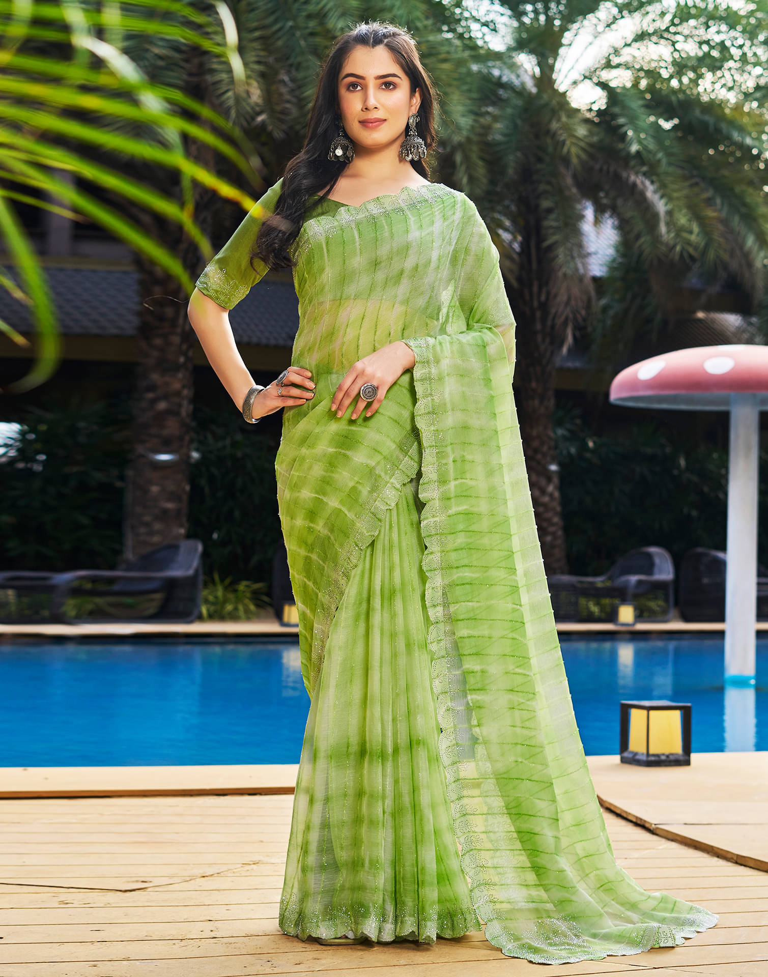     			Samah Chiffon Embellished Saree With Unstitched Blouse Piece ( Light Green )