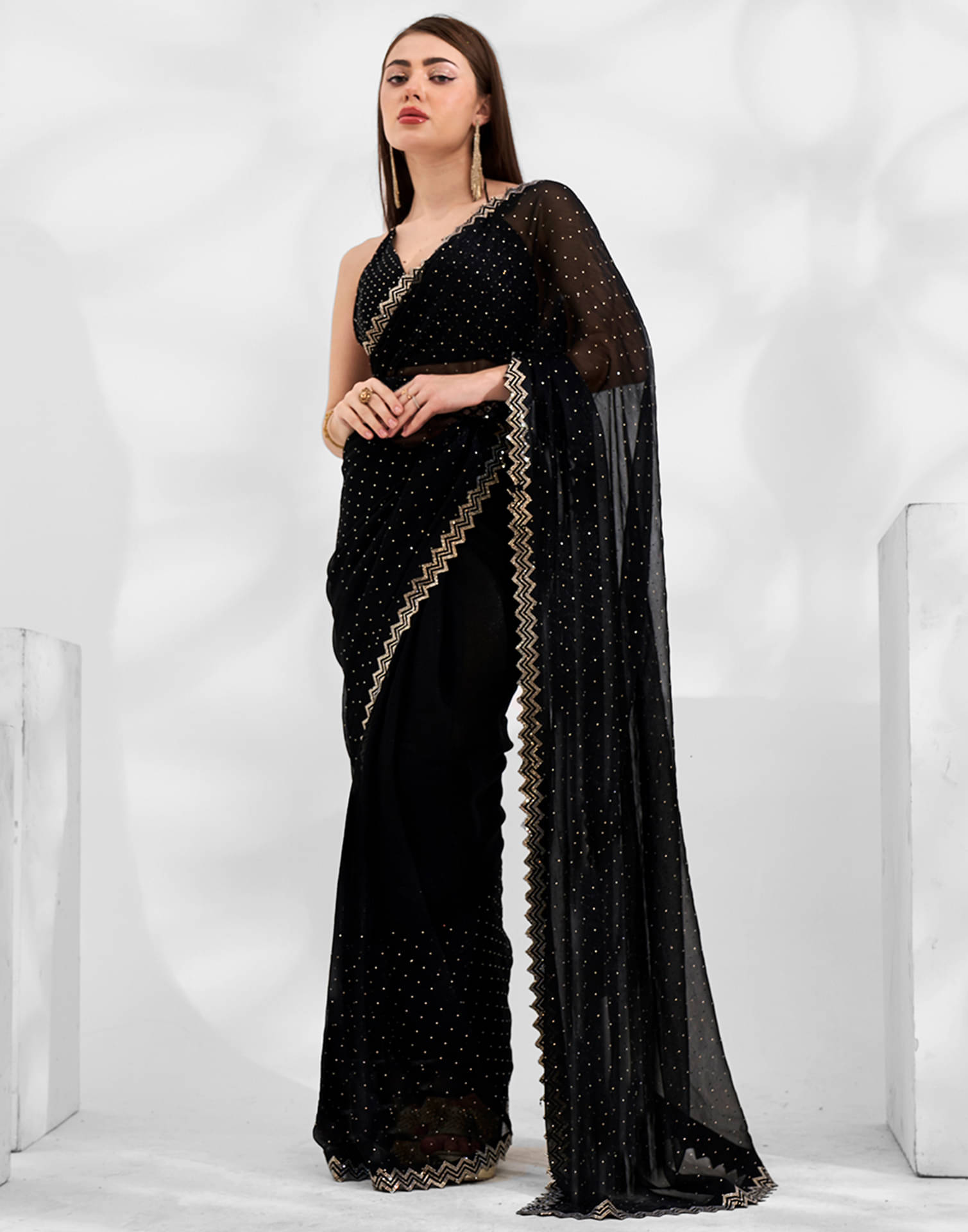 Samah Chiffon Embellished Saree With Unstitched Blouse Piece ( Black ) Samah Chiffon Embellished Saree With Unstitched Blouse Piece ( Black )