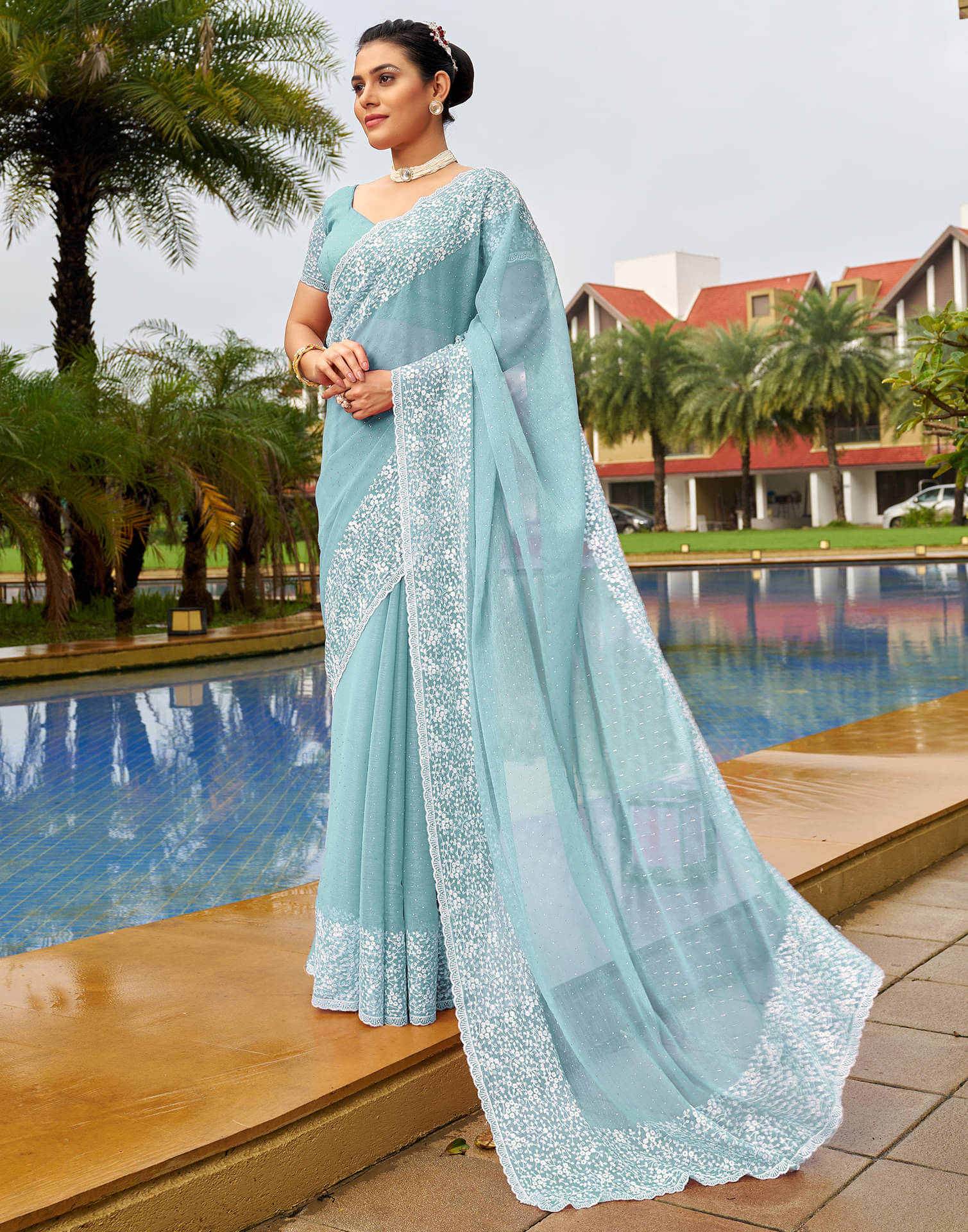 Samah Chiffon Embroidered Saree With Unstitched Blouse Piece ( Turquoise ) Samah Chiffon Embroidered Saree With Unstitched Blouse Piece ( Turquoise )