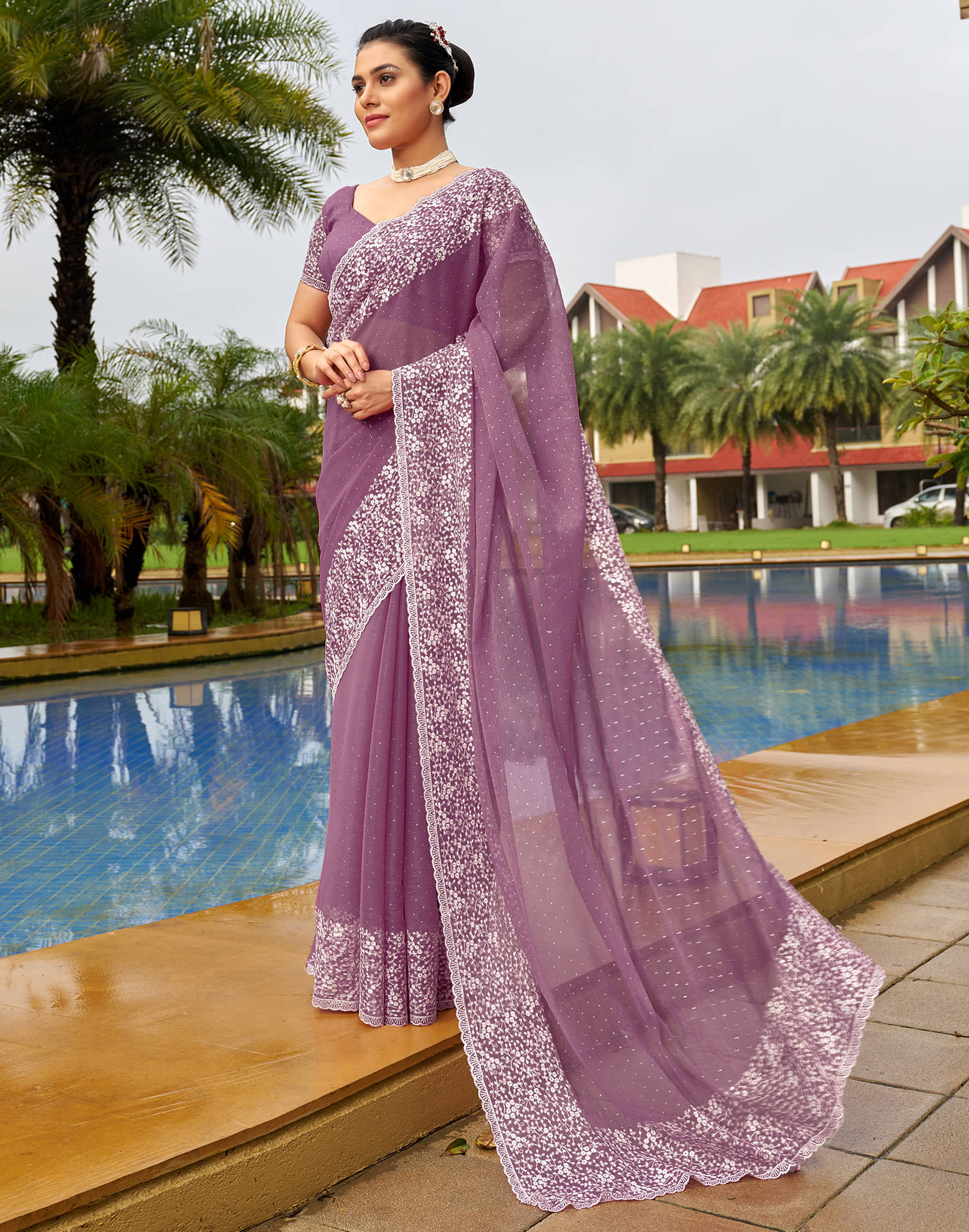     			Samah Chiffon Embroidered Saree With Unstitched Blouse Piece ( Purple )