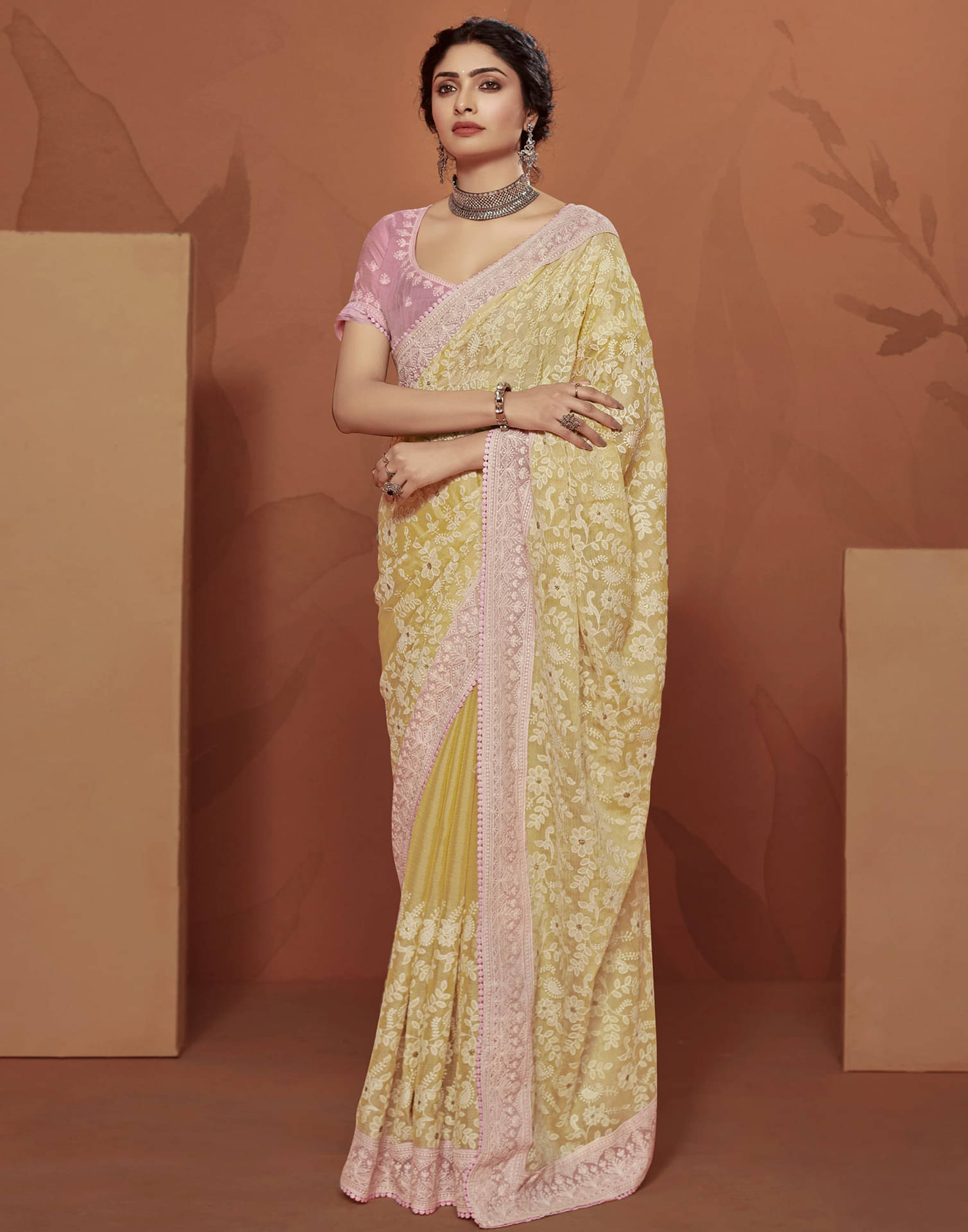 Samah Chiffon Embroidered Saree With Unstitched Blouse Piece ( Yellow ) Samah Chiffon Embroidered Saree With Unstitched Blouse Piece ( Yellow )