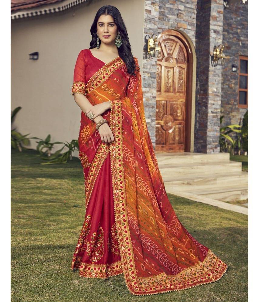     			Samah Chiffon Printed Saree With Unstitched Blouse Piece ( Fluorescent Orange )