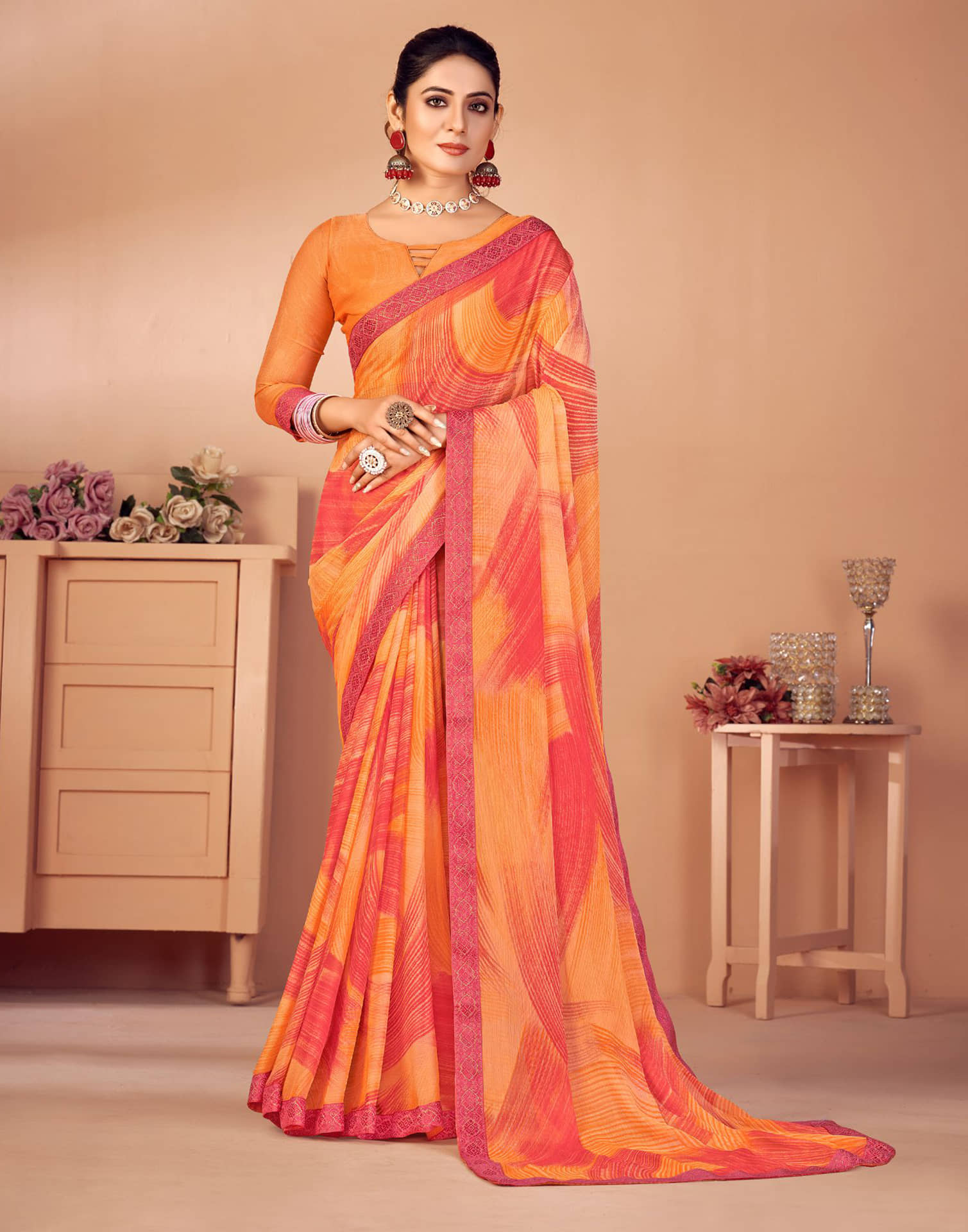 Samah Chiffon Printed Saree With Unstitched Blouse Piece ( Orange ) - Sarees | Buy online on ZillyBuy