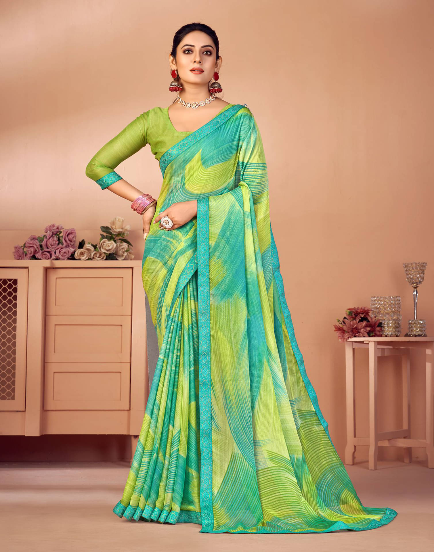 Samah Chiffon Printed Saree With Unstitched Blouse Piece ( Lime Green ) Samah Chiffon Printed Saree With Unstitched Blouse Piece ( Lime Green )