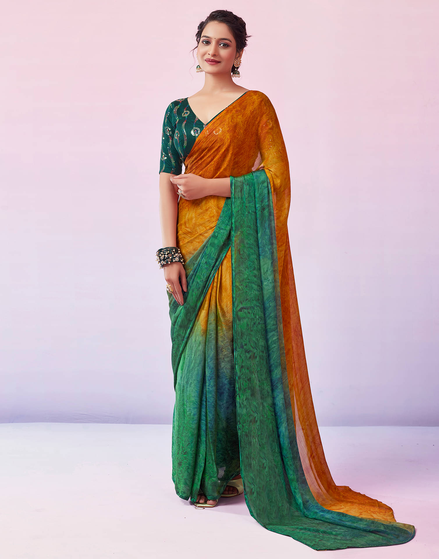     			Samah Chiffon Printed Ready to Wear Saree With Unstitched Blouse Piece ( Yellow )