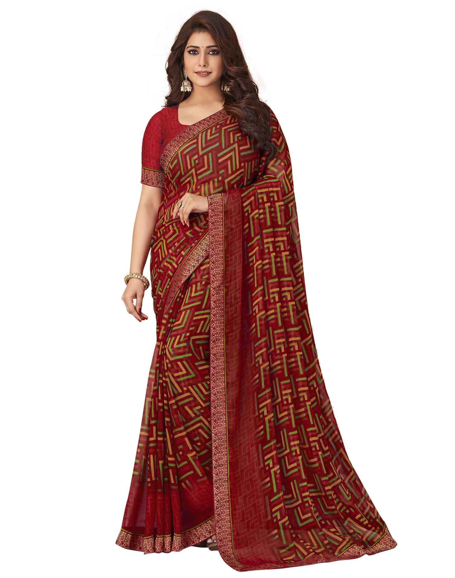     			Samah Chiffon Printed Saree With Unstitched Blouse Piece ( Red )