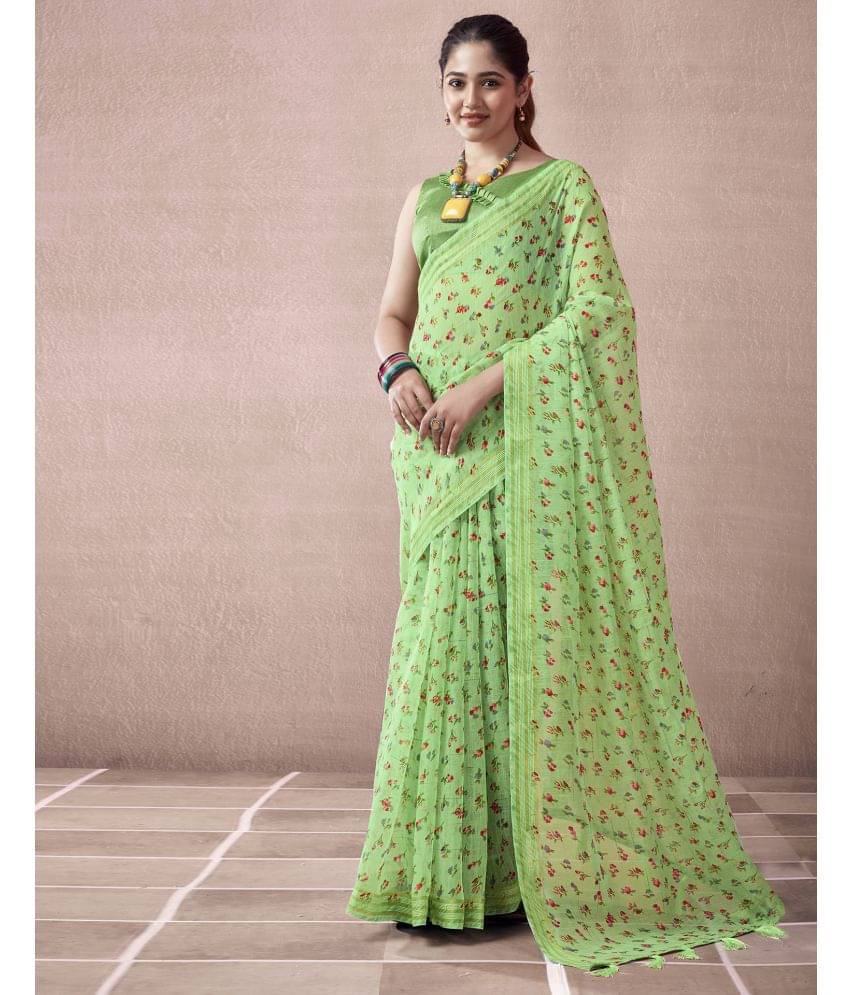     			Samah Cotton Blend Printed Saree With Unstitched Blouse Piece ( Light Green )