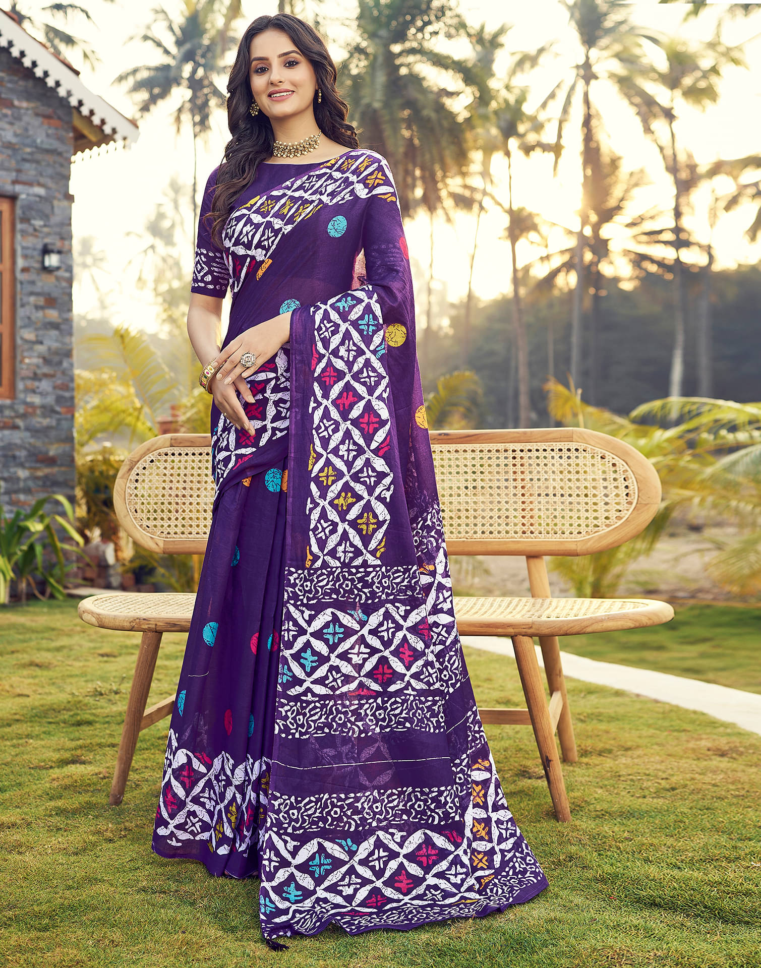 Samah Cotton Printed Ready to Wear Saree With Unstitched Blouse Piece ( Purple ) Samah Cotton Printed Ready to Wear Saree With Unstitched Blouse Piece ( Purple )