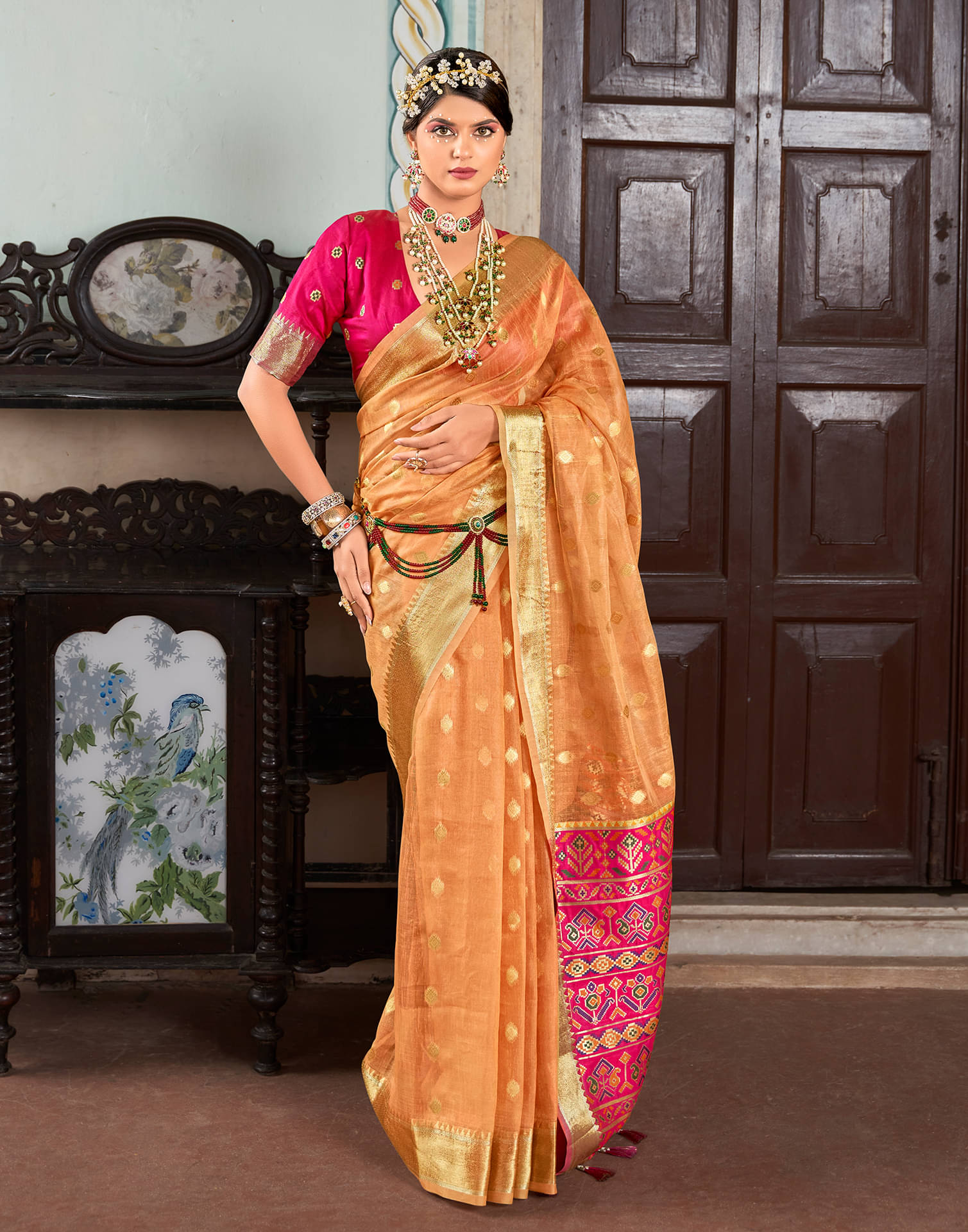     			Samah Cotton Silk Woven Saree With Unstitched Blouse Piece ( Peach )