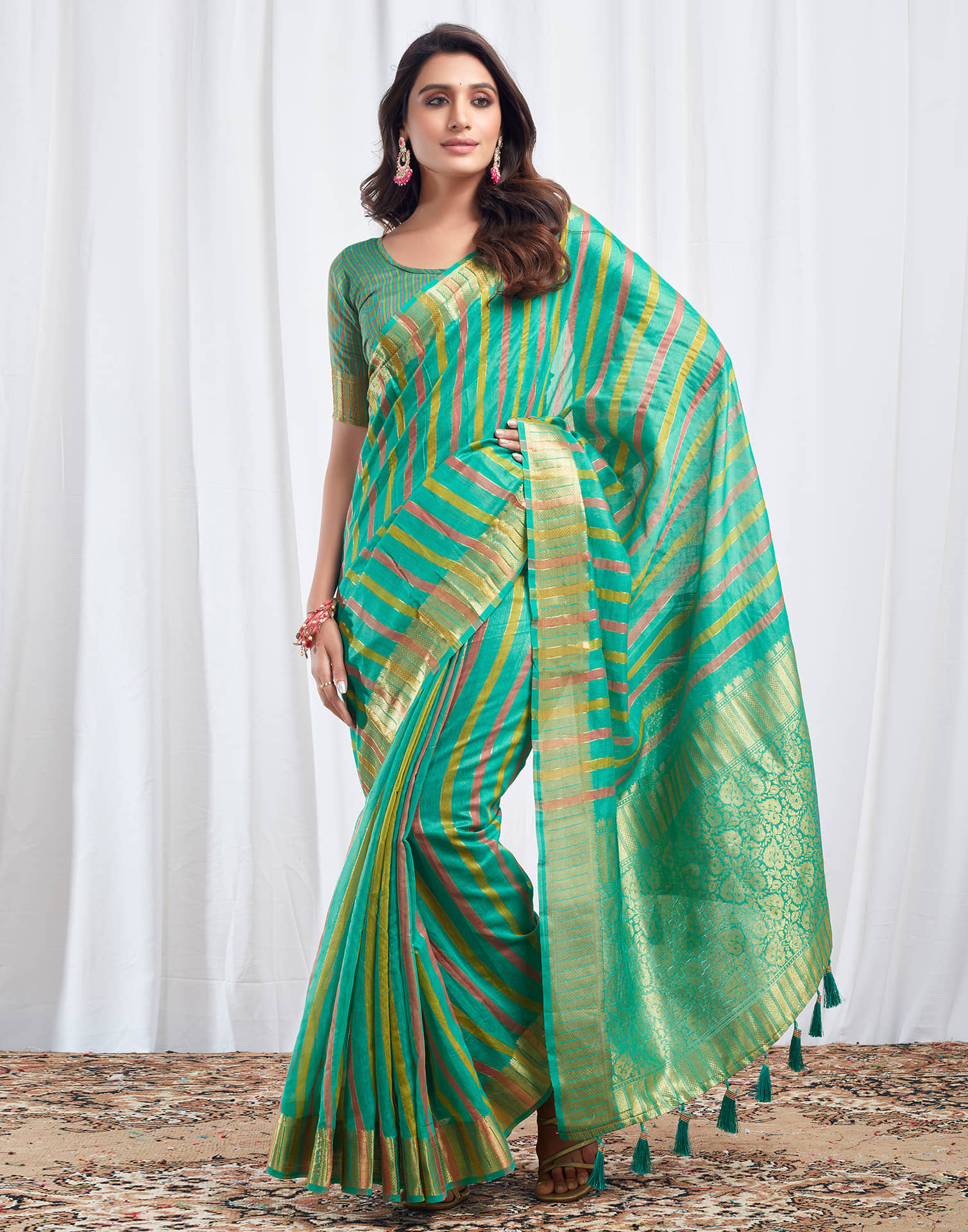Samah Cotton Silk Woven Saree With Unstitched Blouse Piece ( Turquoise ) - Sarees | Buy online on ZillyBuy