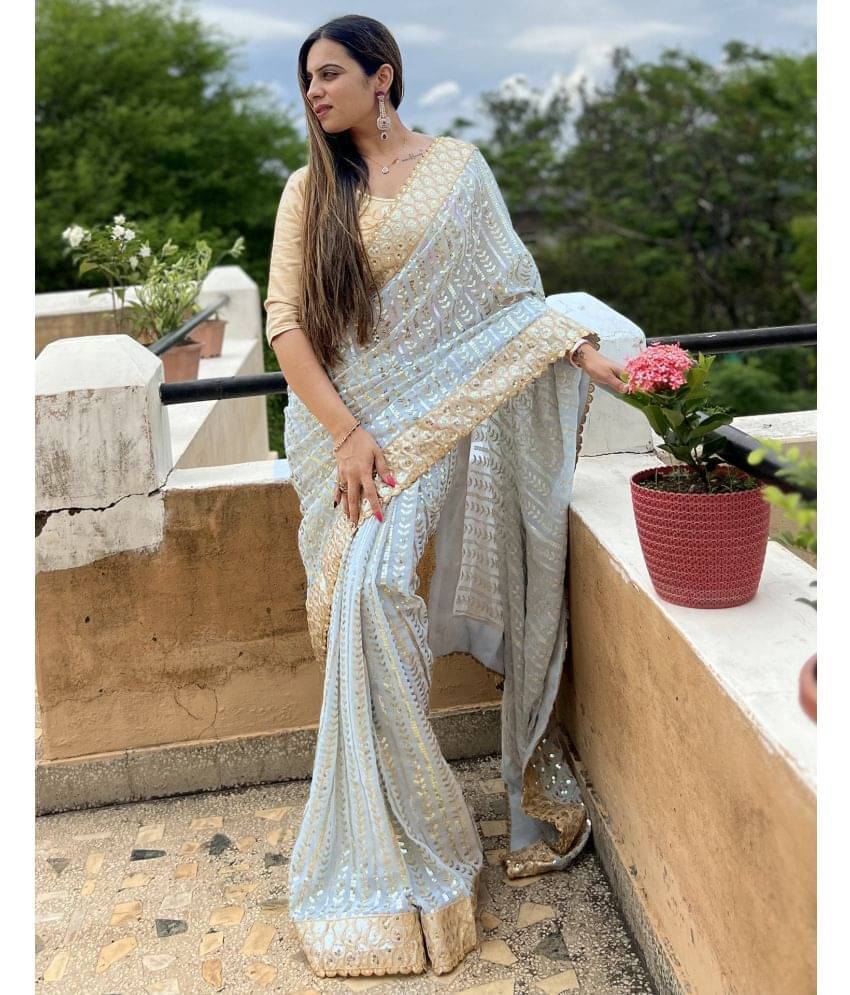     			Samah Georgette Embellished Saree With Unstitched Blouse Piece ( Grey )
