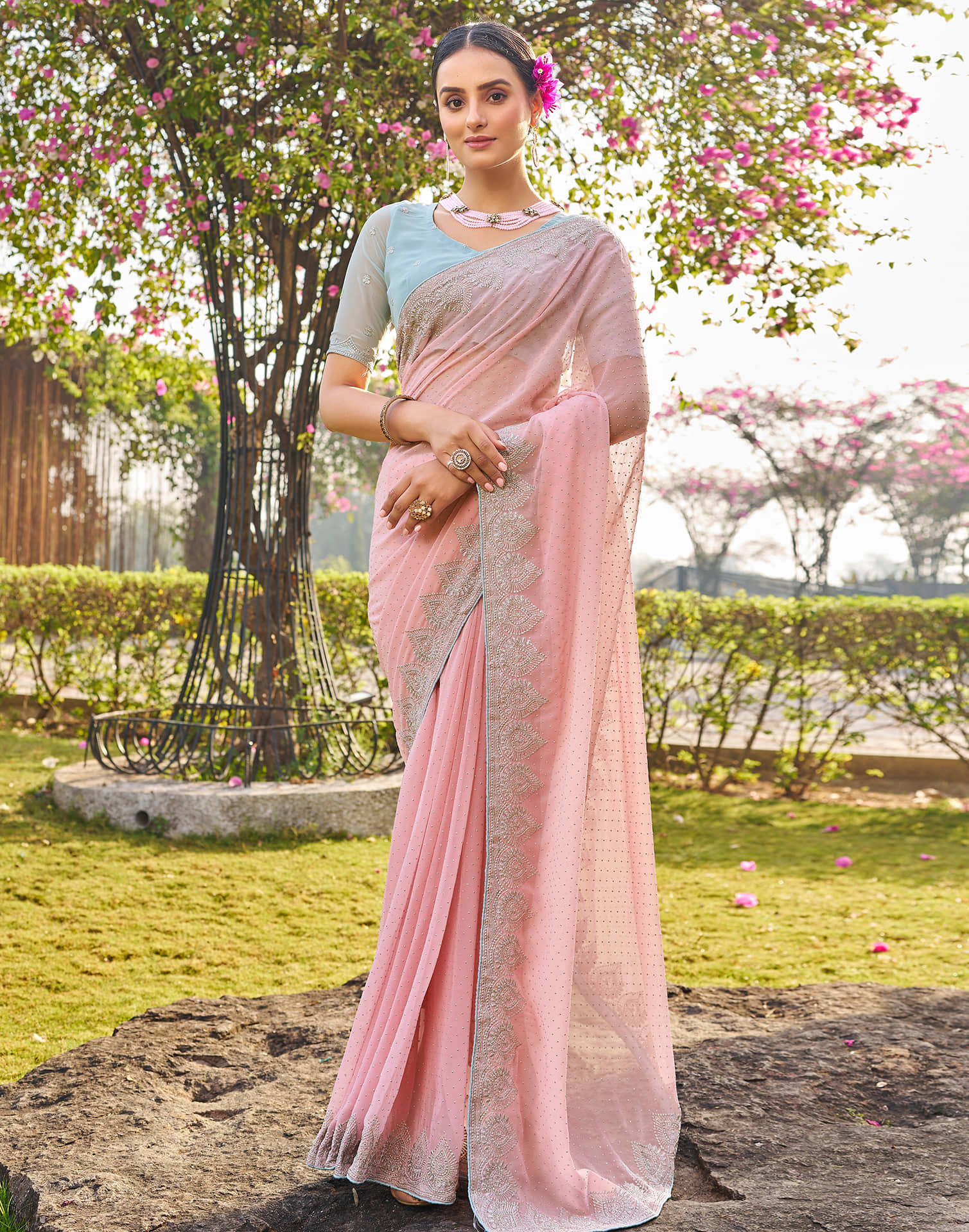 Samah Georgette Embroidered Saree With Unstitched Blouse Piece ( Fluorescent Pink ) - Sarees | Buy online on ZillyBuy
