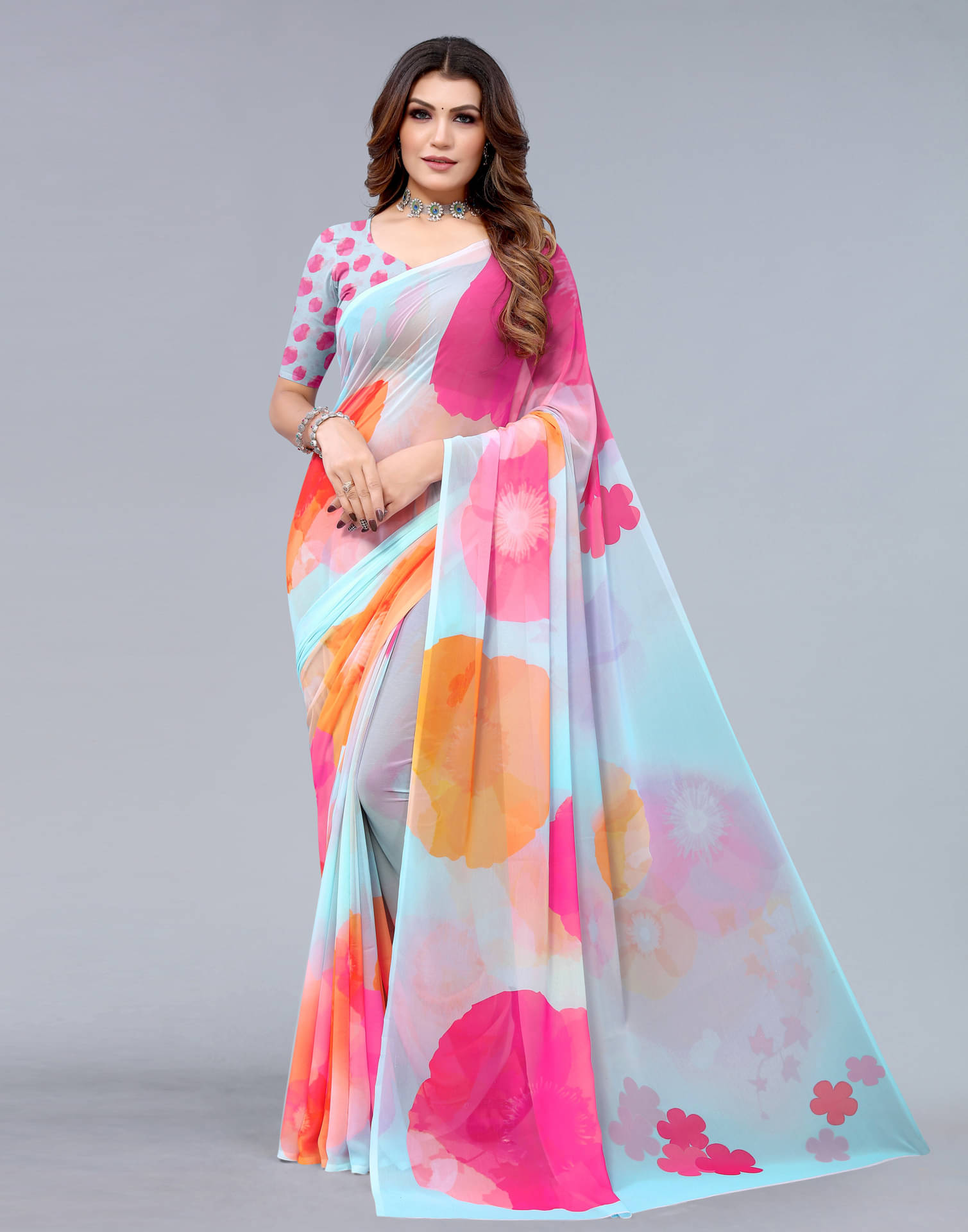     			Samah Georgette Printed Saree With Unstitched Blouse Piece ( LightBLue )