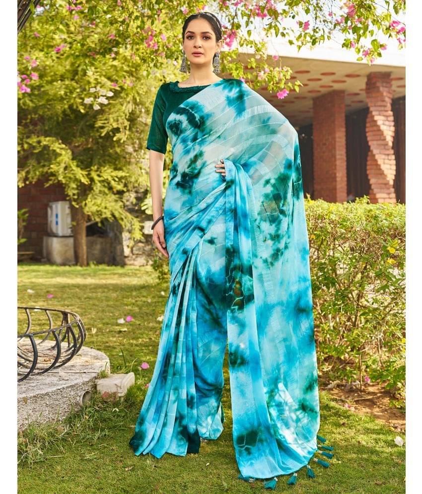     			Samah Georgette Printed Saree With Unstitched Blouse Piece ( LightBLue )