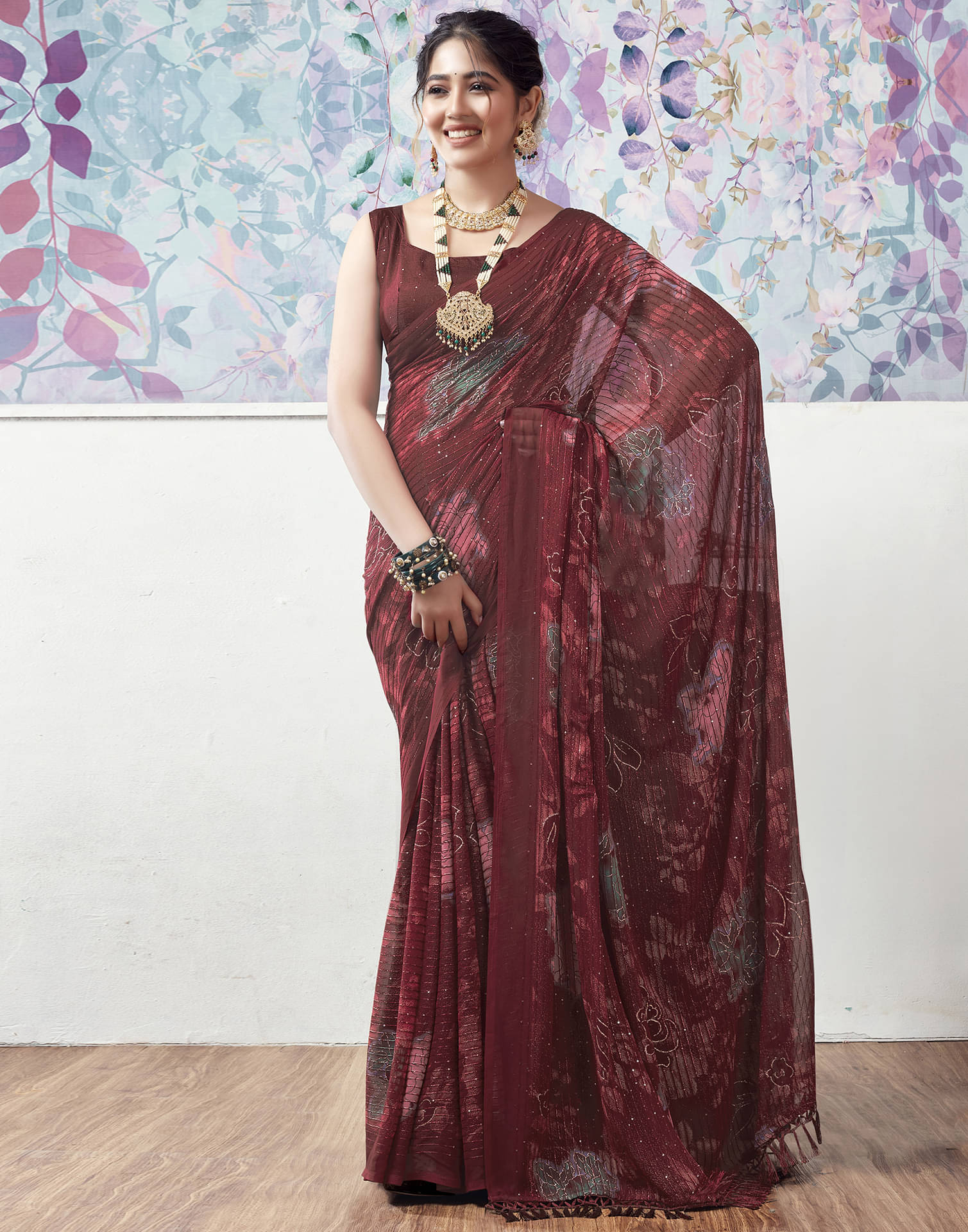 Samah Georgette Printed Saree With Unstitched Blouse Piece ( Maroon ) Samah Georgette Printed Saree With Unstitched Blouse Piece ( Maroon )