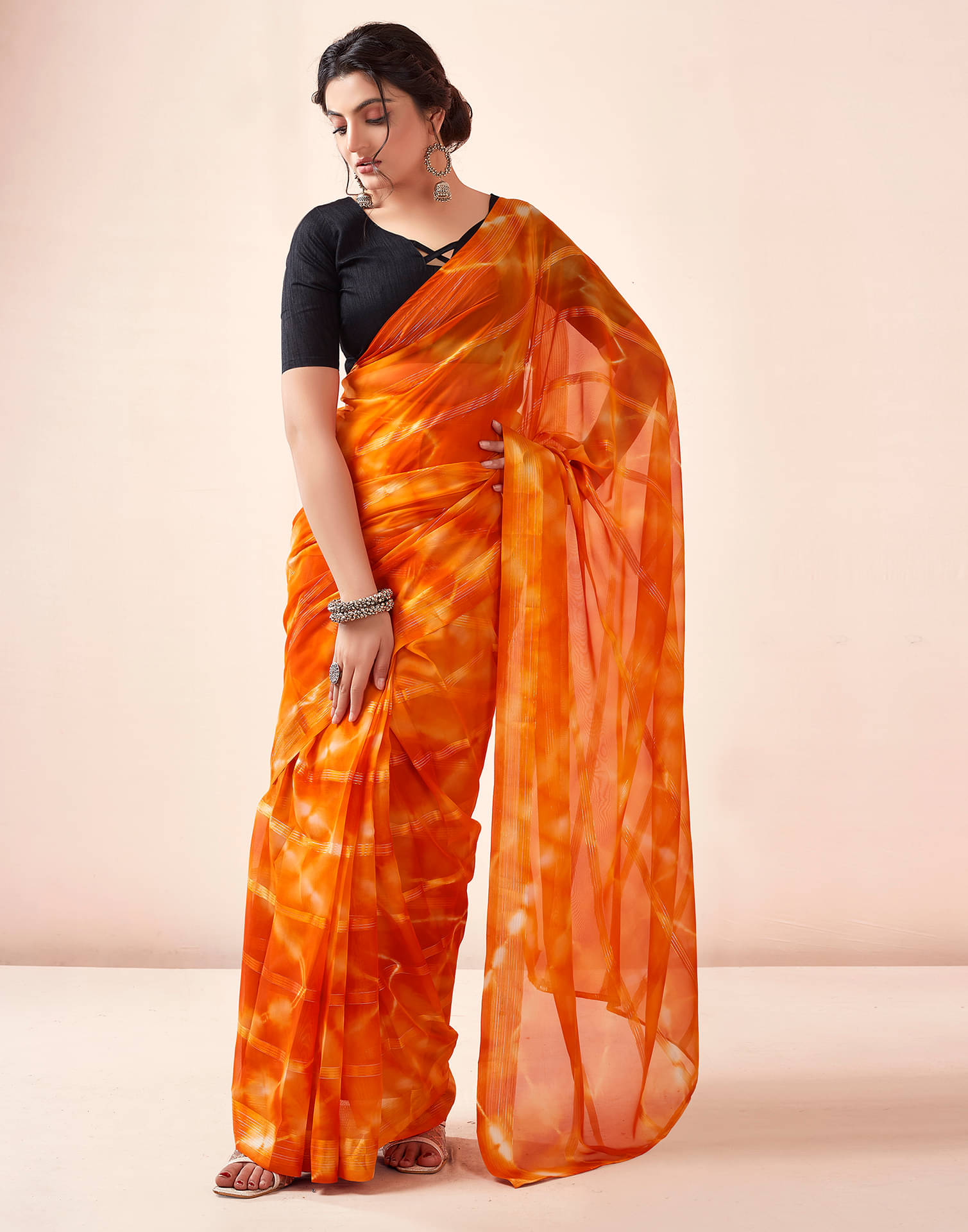     			Samah Georgette Printed Ready to Wear Saree With Unstitched Blouse Piece ( Orange )