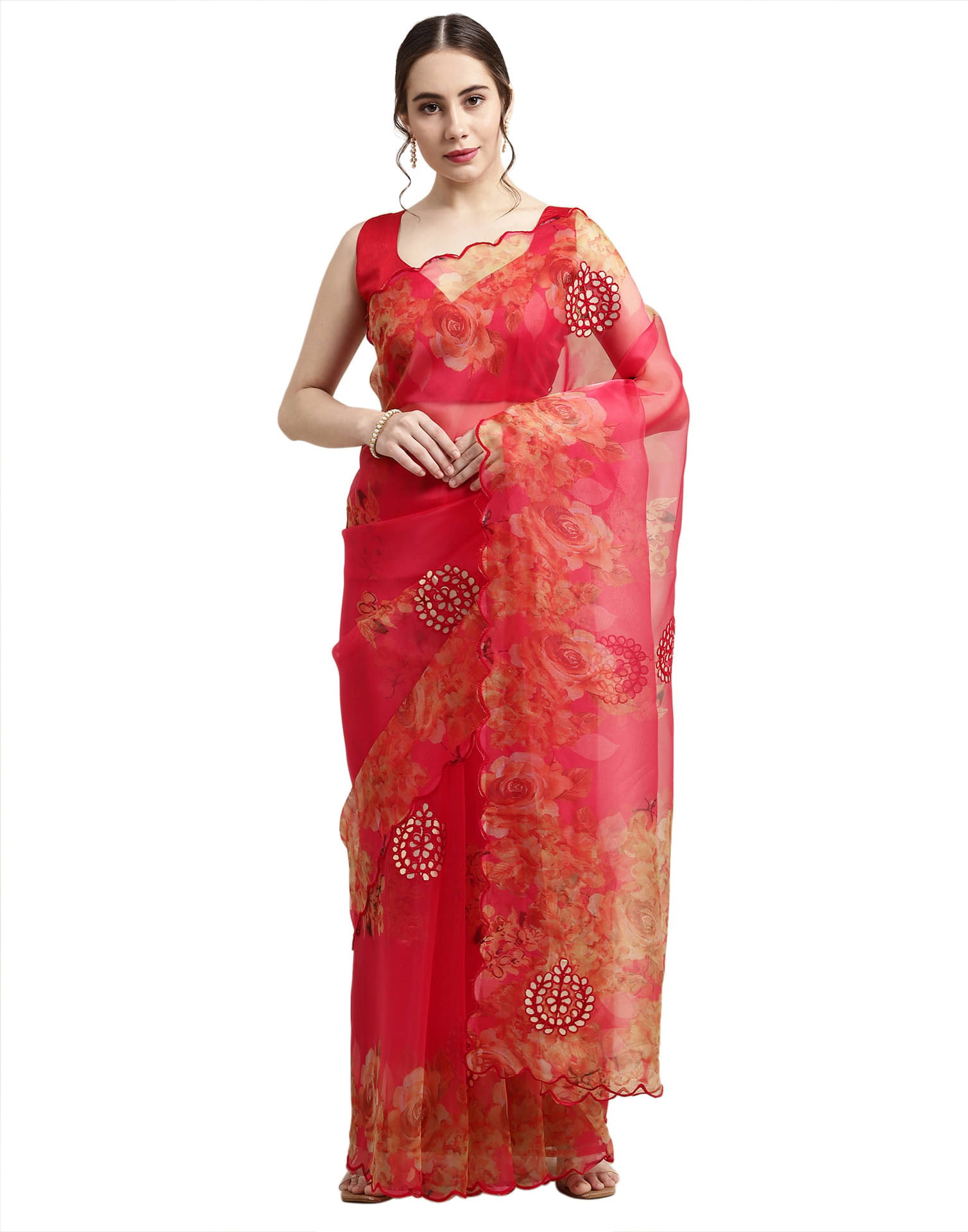     			Samah Organza Printed Saree With Unstitched Blouse Piece ( Fluorescent Pink )