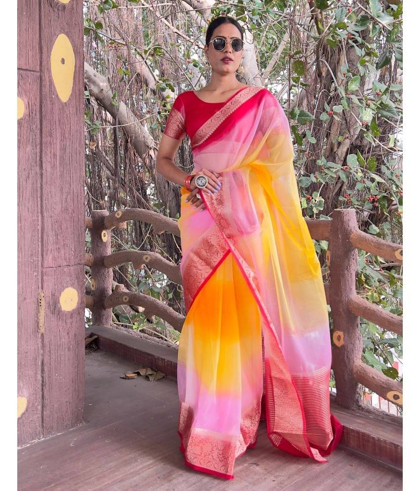Samah Organza Solid Saree With Unstitched Blouse Piece ( Red ) Samah Organza Solid Saree With Unstitched Blouse Piece ( Red )