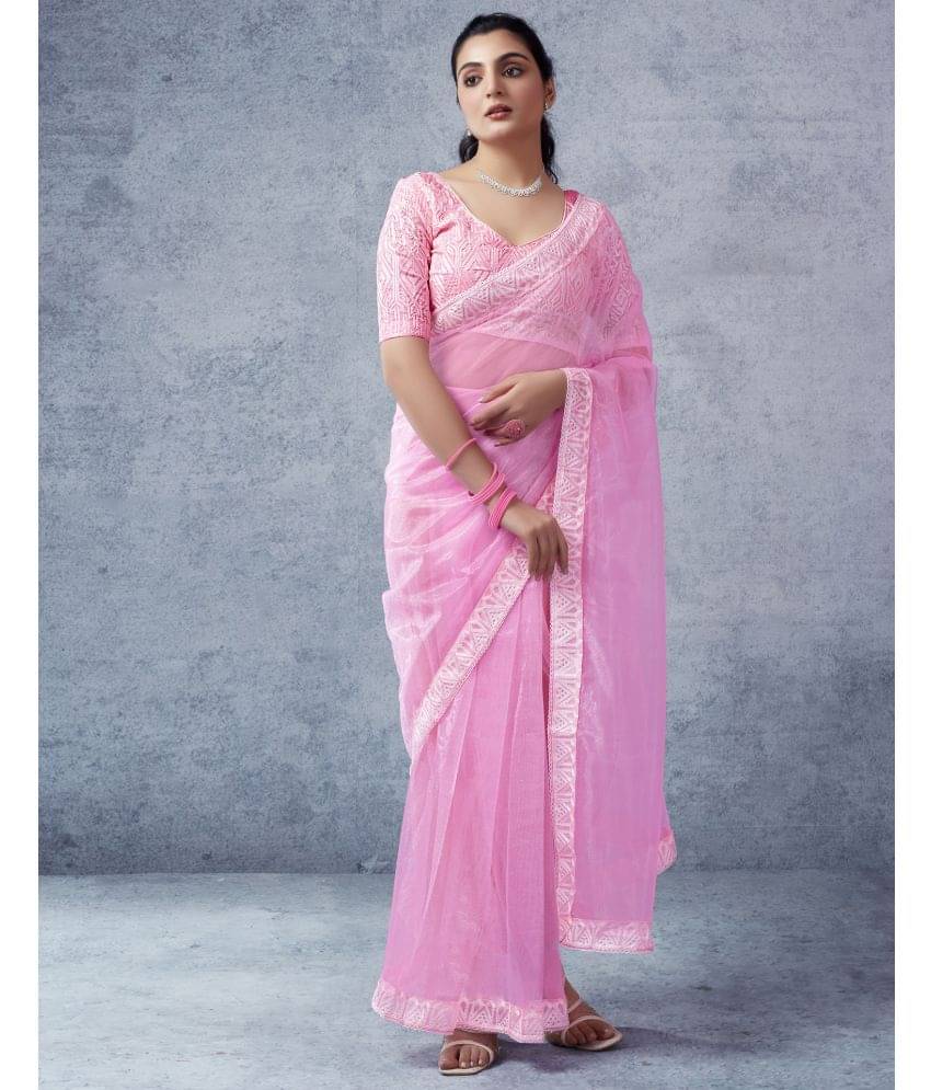     			Samah Organza Solid Ready to Wear Saree With Unstitched Blouse Piece ( Fluorescent Pink )