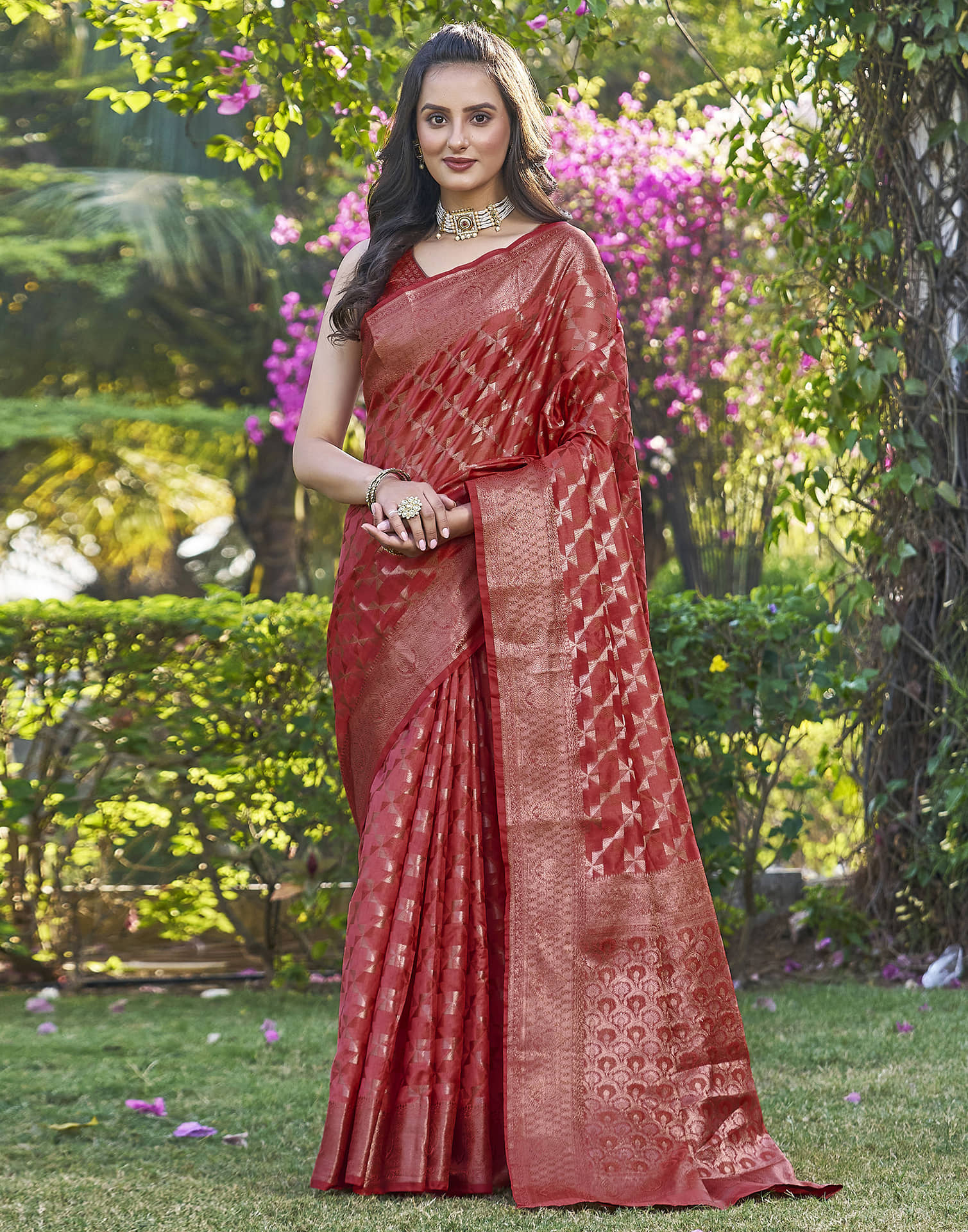 Samah Organza Woven Saree With Unstitched Blouse Piece ( Red ) - Sarees | Buy online on ZillyBuy
