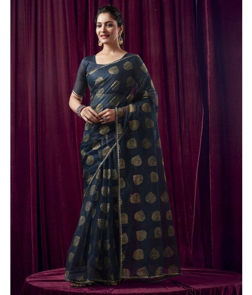 Samah Shimmer Printed Saree With Unstitched Blouse Piece ( Navy Blue ) Samah Shimmer Printed Saree With Unstitched Blouse Piece ( Navy Blue )