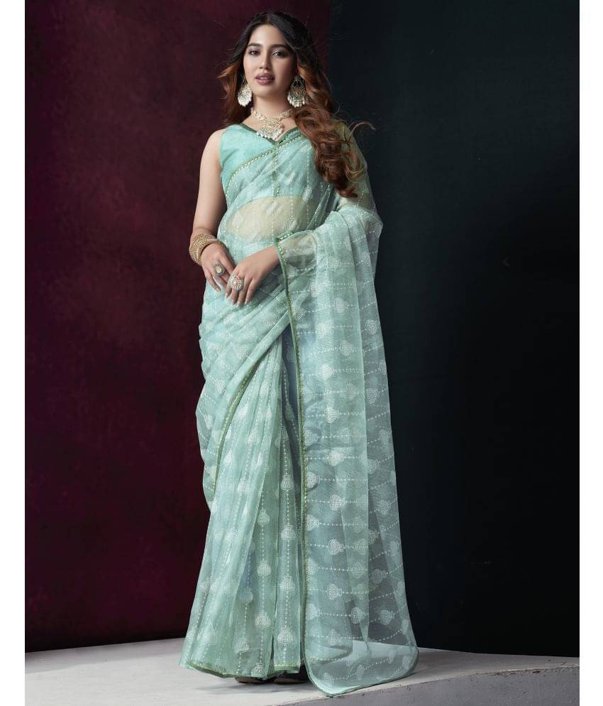 Samah Shimmer Printed Saree With Unstitched Blouse Piece ( Blue ) Samah Shimmer Printed Saree With Unstitched Blouse Piece ( Blue )