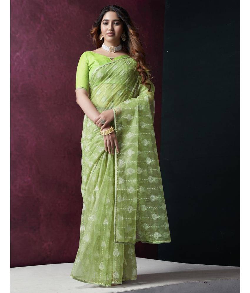 Samah Shimmer Printed Saree With Unstitched Blouse Piece ( Light Green ) Samah Shimmer Printed Saree With Unstitched Blouse Piece ( Light Green )