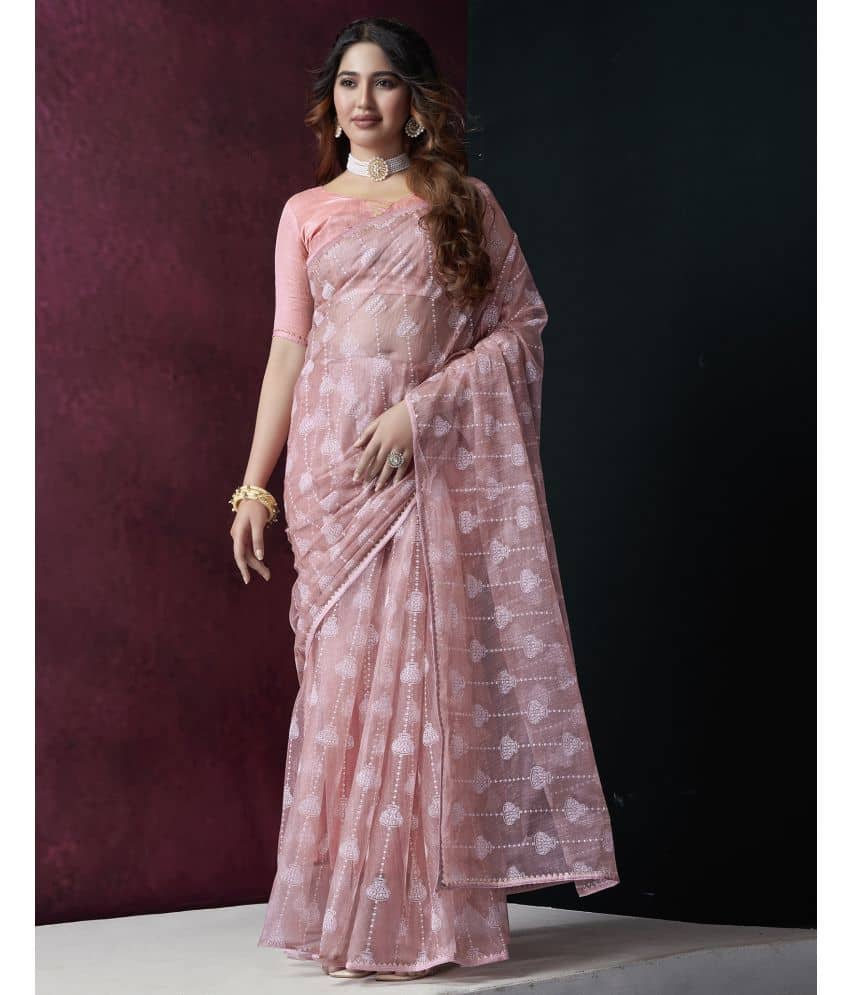 Samah Shimmer Printed Saree With Unstitched Blouse Piece ( Pink ) - Sarees | Buy online on ZillyBuy