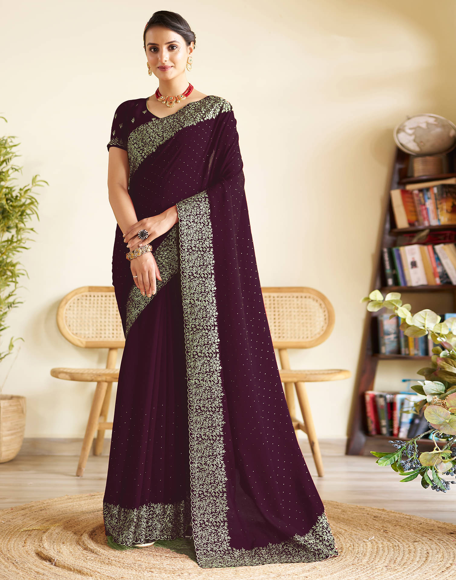 Samah Silk Embellished Saree With Unstitched Blouse Piece ( Wine ) Samah Silk Embellished Saree With Unstitched Blouse Piece ( Wine )