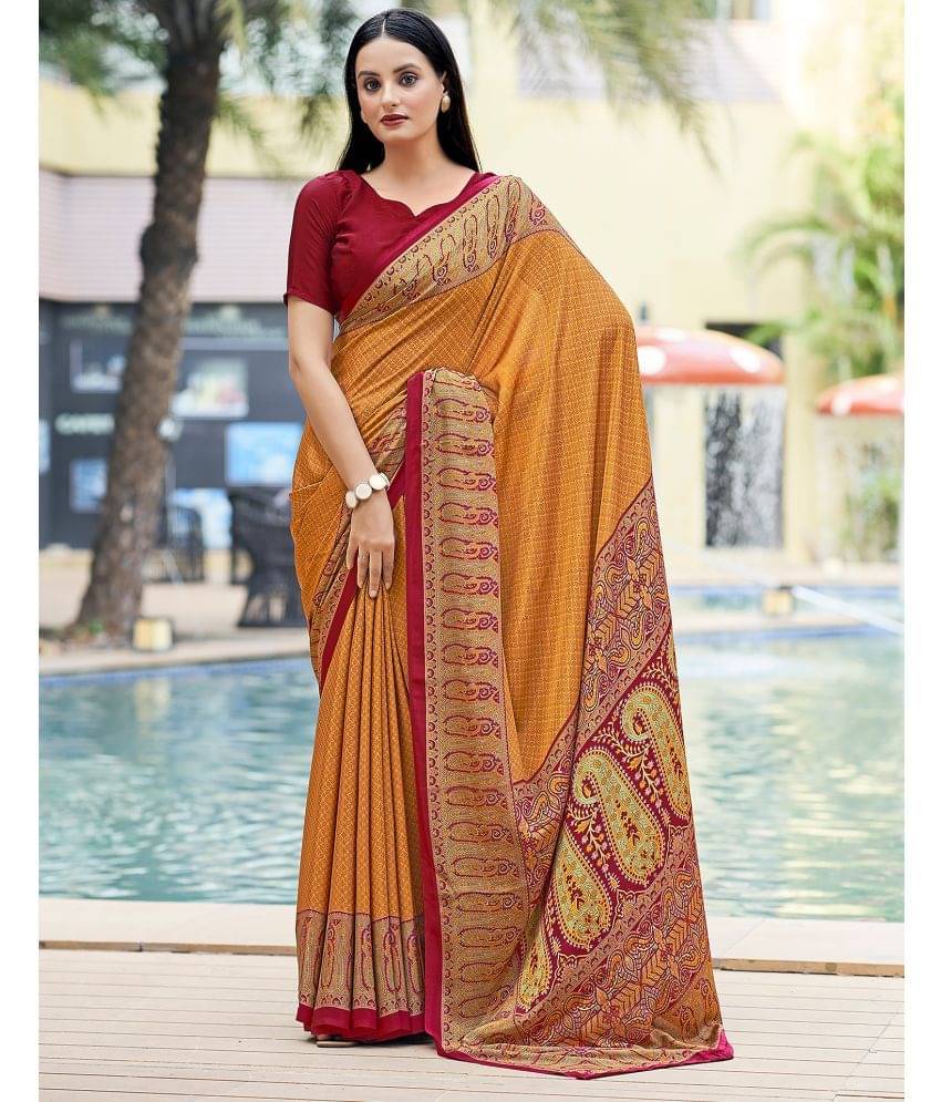     			Samah Silk Printed Saree With Unstitched Blouse Piece ( Yellow )