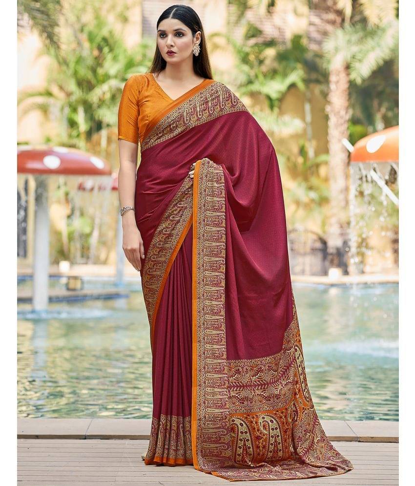     			Samah Silk Printed Saree With Unstitched Blouse Piece ( Maroon )