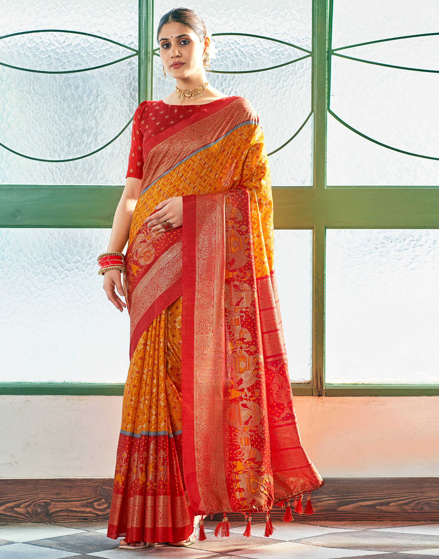 Samah Silk Printed Saree With Unstitched Blouse Piece ( Yellow ) - Sarees | Buy online on ZillyBuy