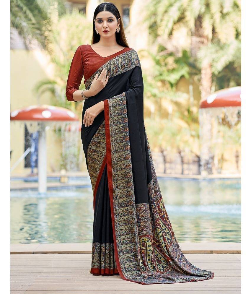 Samah Silk Printed Saree With Unstitched Blouse Piece ( Black ) Samah Silk Printed Saree With Unstitched Blouse Piece ( Black )